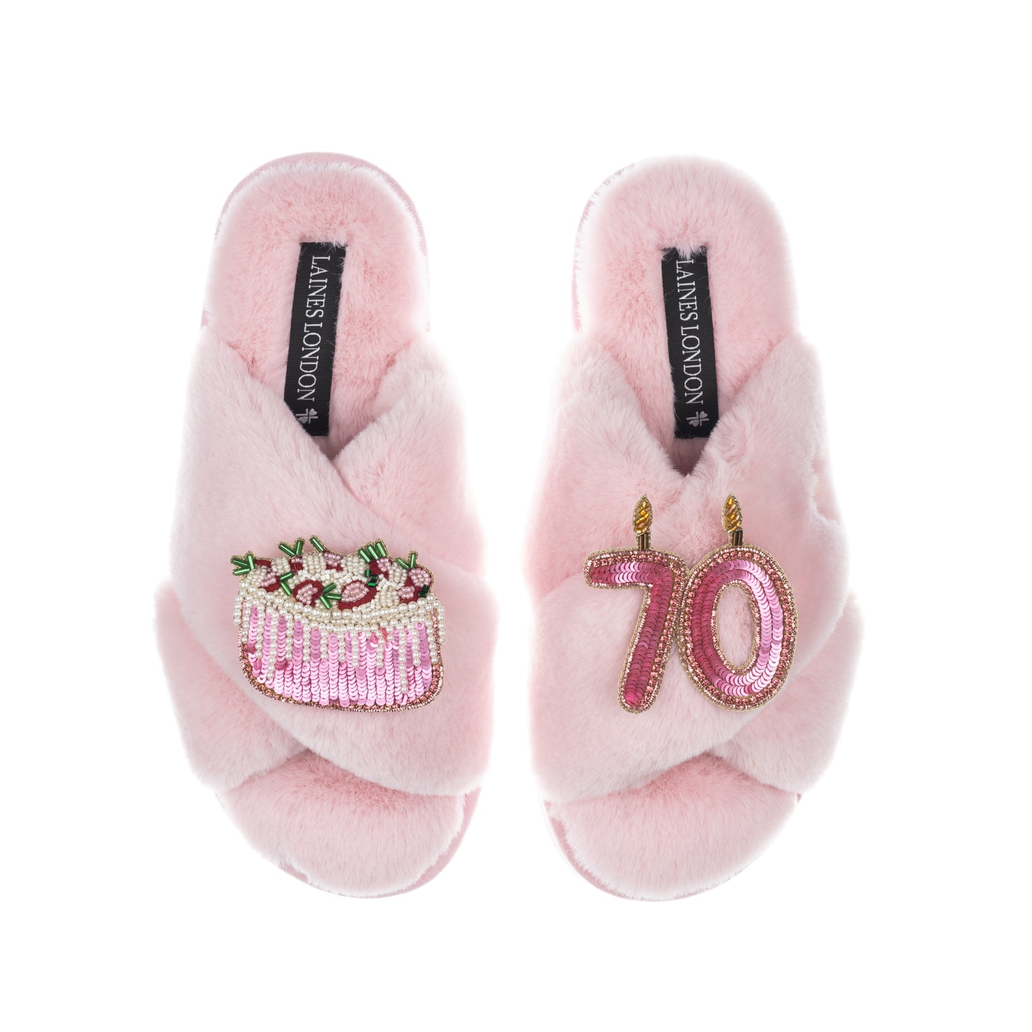 Laines London Women's Pink / Purple Classic Laines Slippers With 70th Birthday & Cake Brooches - Pink In Pink/purple