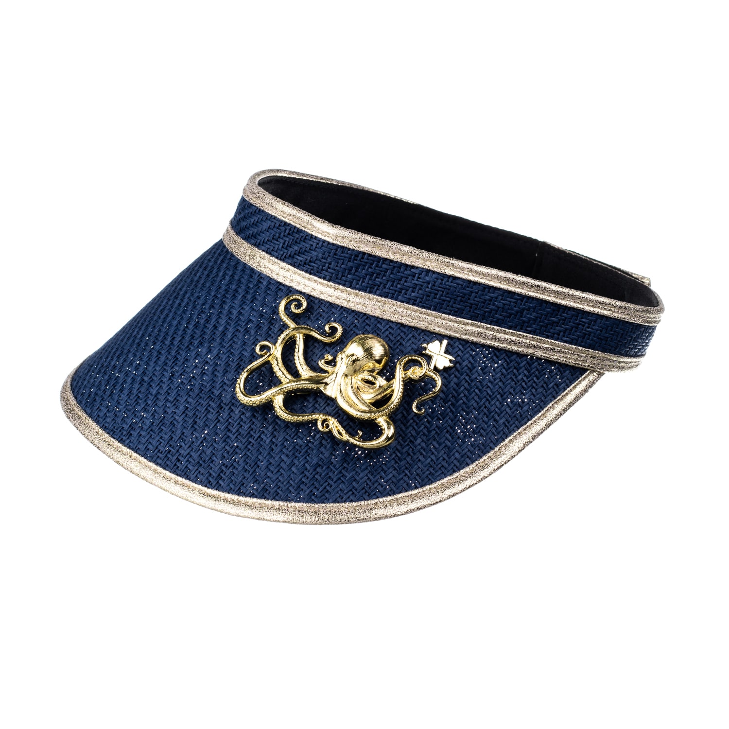 Women’s Blue Straw Woven Visor With Gold Metal Octopus Brooch - Navy One Size Laines London