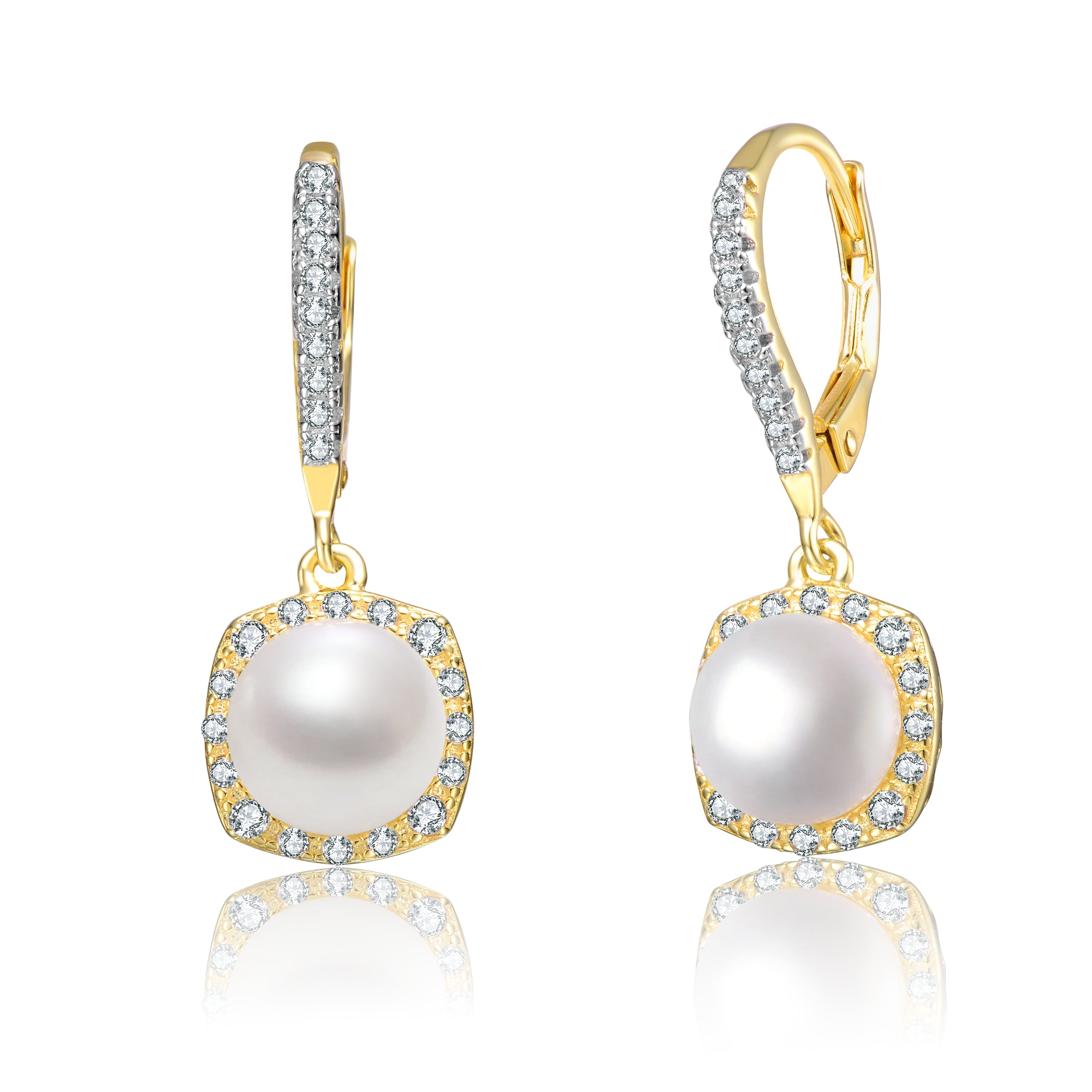 Women’s White / Gold Sterling Silver With White Pearl Drop Cubic Zirconia Leverback Dangle Earrings Genevive Jewelry