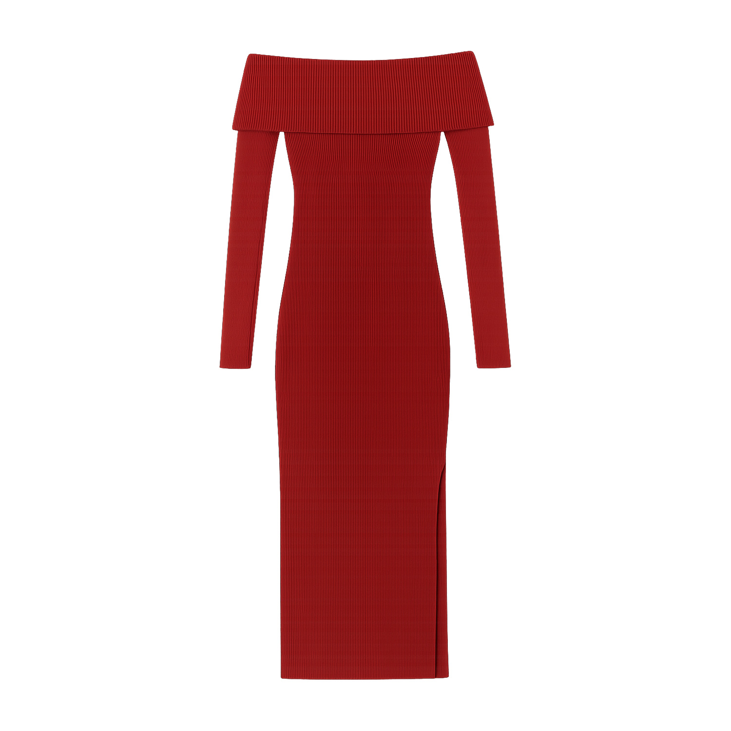 Yumi Women's Red  Burgundy Bardot Knitted Fitted Midi Dress In Red