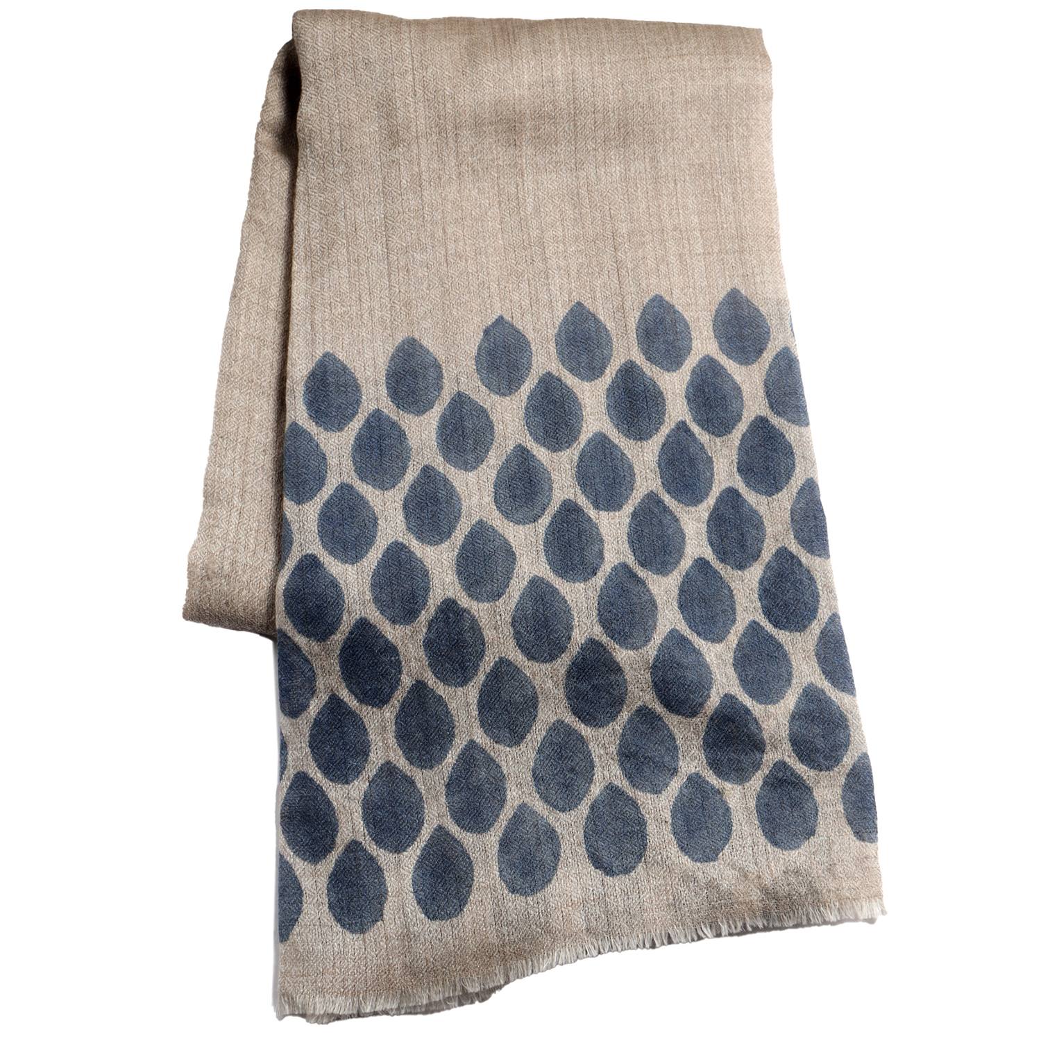 Babs Boutique Nyc Women's Neutrals / Blue Cashmere Hand Block Printed Scarf - Beige With Blue Drop Design In Blue