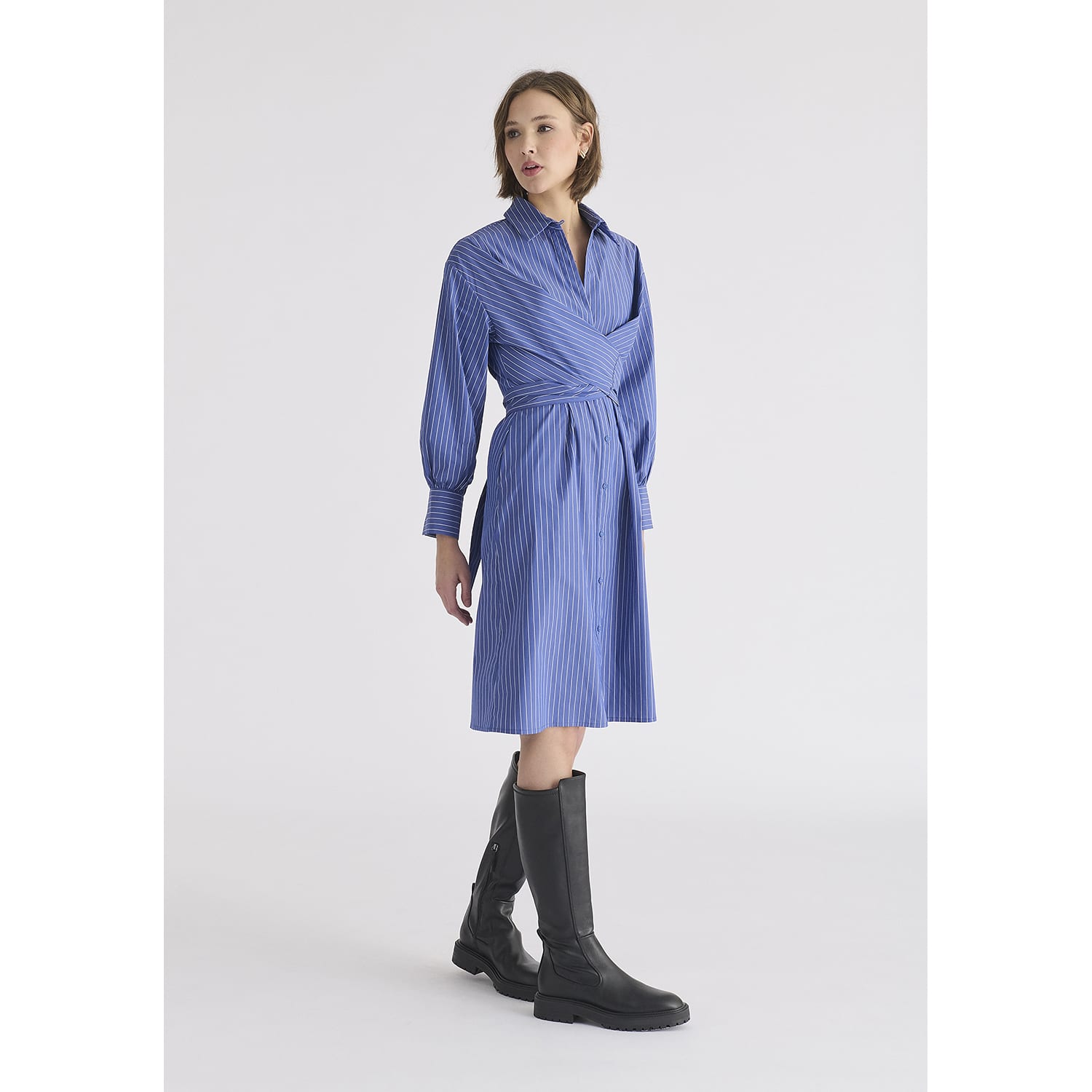 blue utility tie waist shirt dress Striped With In & White | PAISIE DY1-1F The durable rigid denim Color:BLUE-CREAM Cobalt Blue Sequin WOW