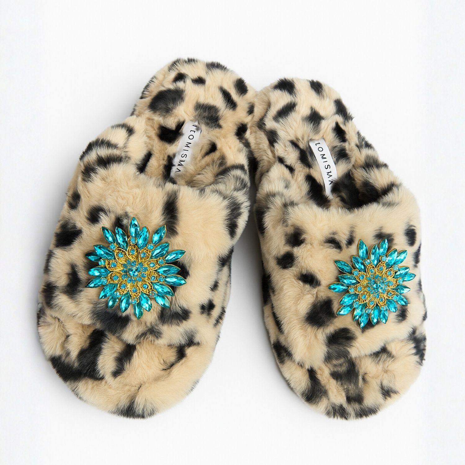 Yomisma Women's Black / Neutrals / Blue Eco Faux Fur Cheetah Holiday Platform Slide Slippers - Turquoise Bro In Brown
