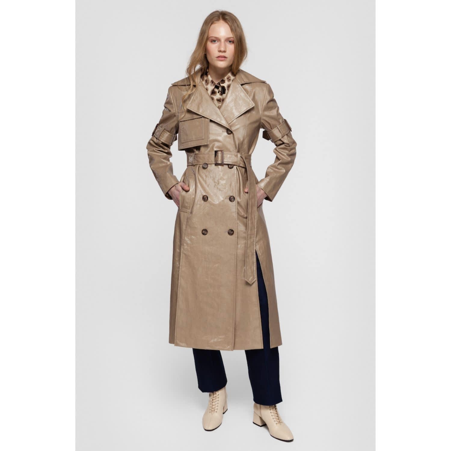 Gisele Coated Trench Coat In Glossy Beige (L) | DIANA ARNO | Wolf & Badger