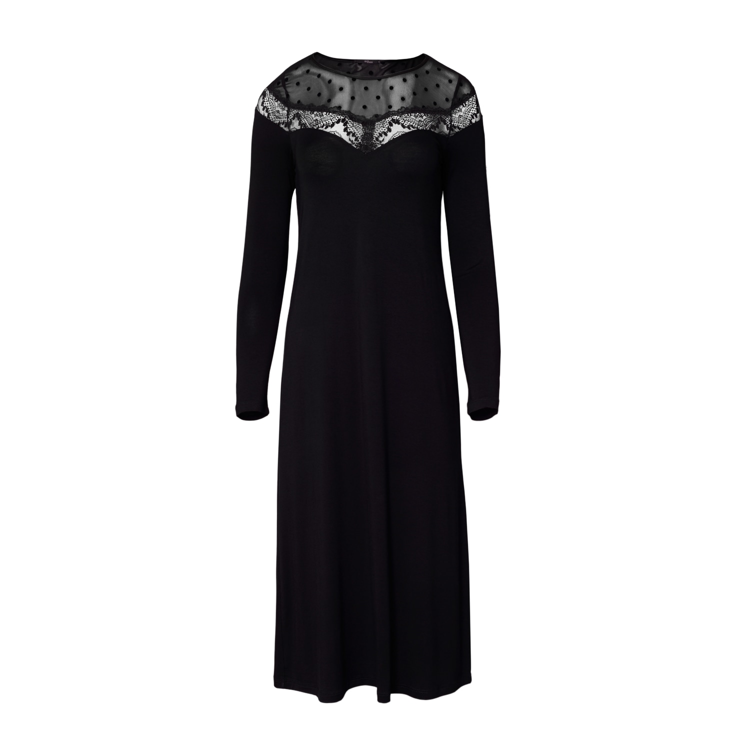 Oh!zuza Night&day Women's Black Midi Viscose Nightgown With Lace & Polka Dot Tulle