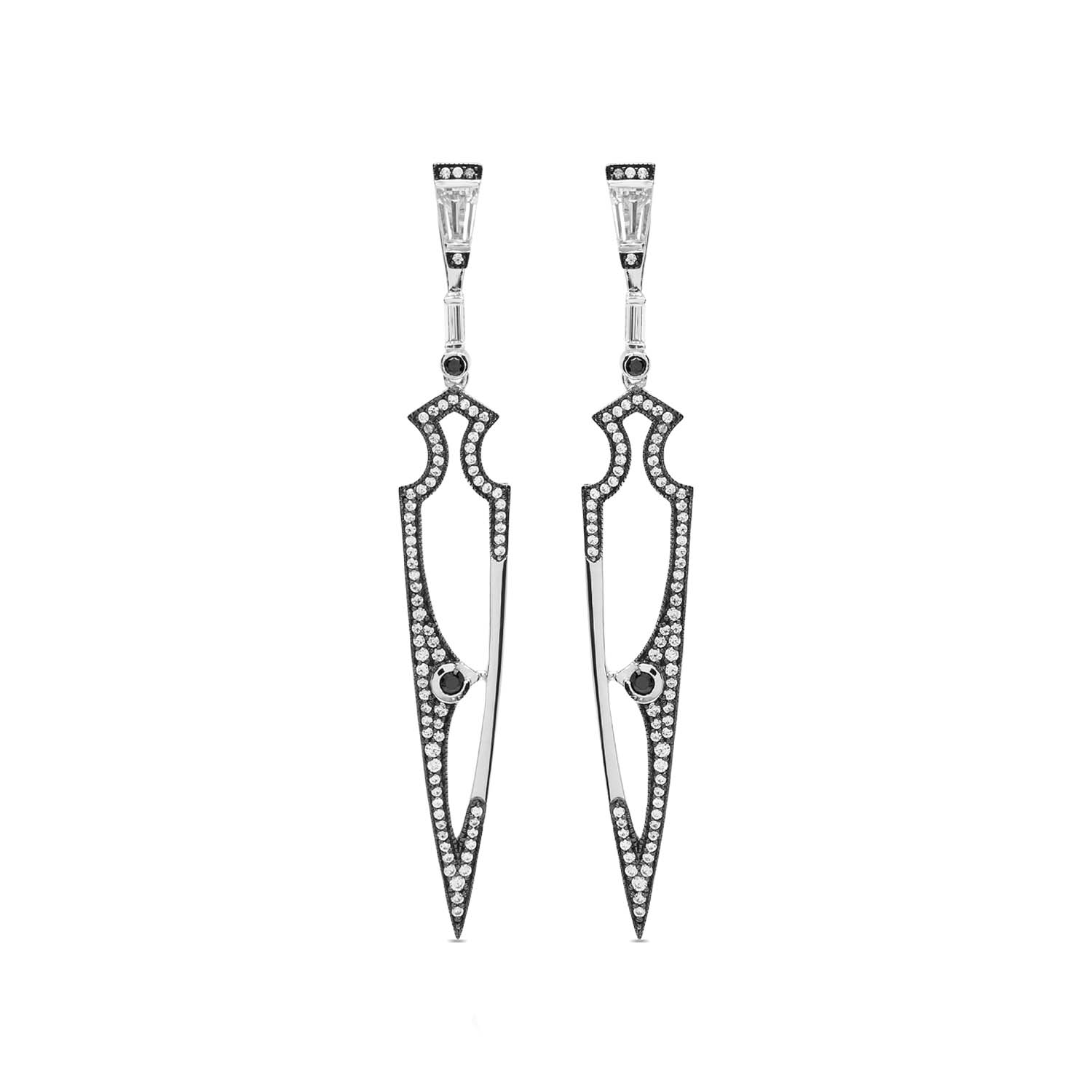 Sally Skoufis Women's Black / White / Silver Shield Earrings With Natural Black Diamond & Man Made White Cz Diamon In Multi