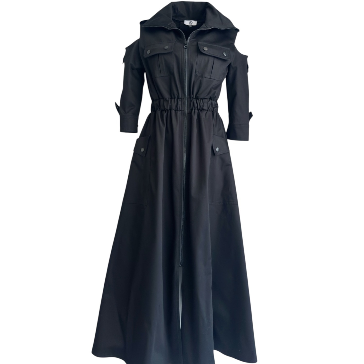 Adrenaline Fashion Women's Elegant Black Maxi Dress With Shoulder Cut-outs, Belted Waist And Flared Hem In Blue