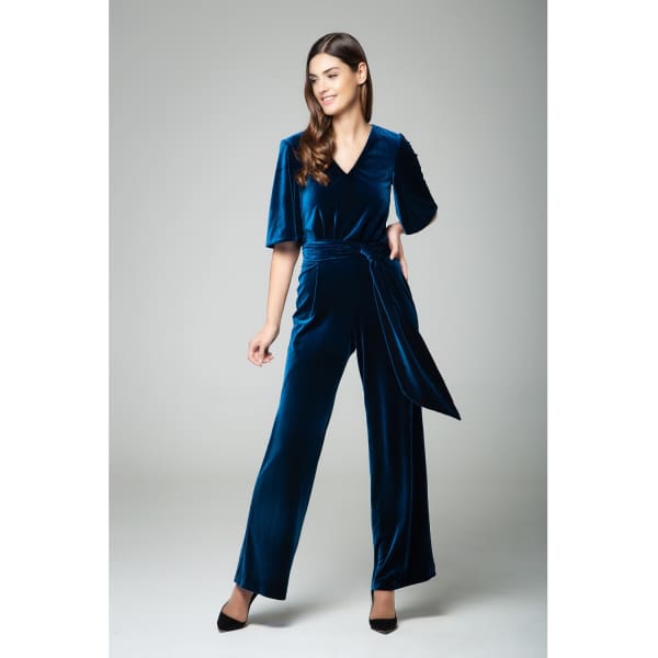 Rumour London Women's Layla Velvet Jumpsuit With Bell Sleeves & Sash In Royal Blue In Velvet