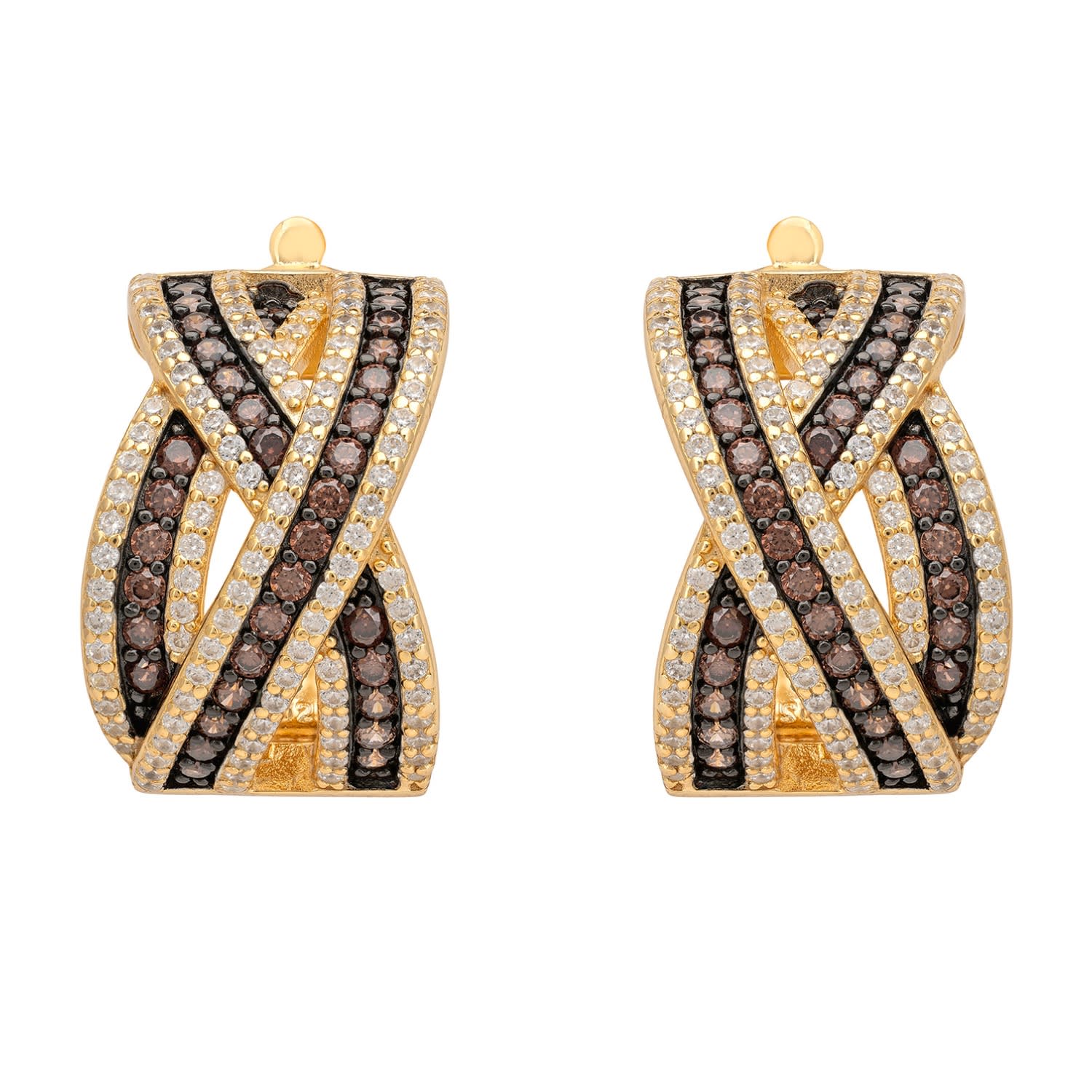 Latelita Women's Gold / Brown / White Crossover Hoop Earrings Brown Cz Gold