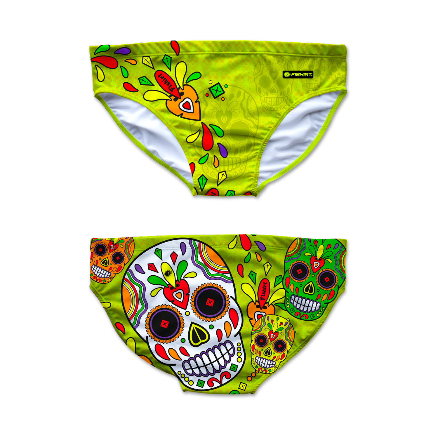 Men’s Black Swim Briefs Mexican Skull Graphic - Muertos Style Yellow Large Fishirt