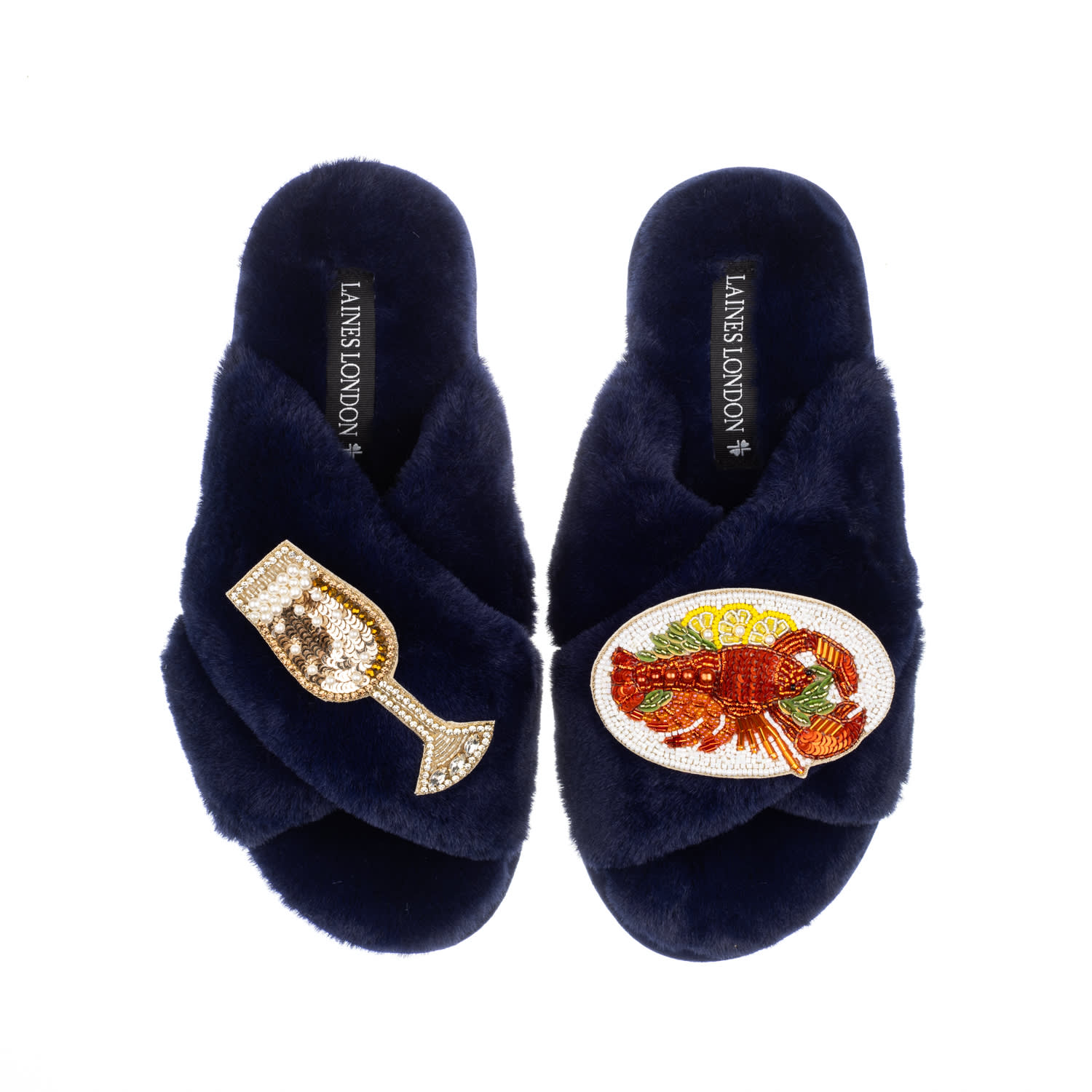 Laines London Women's Blue Classic Laines Slippers With Lobster Platter & Glass Of Fizz Brooches - Navy In Blue