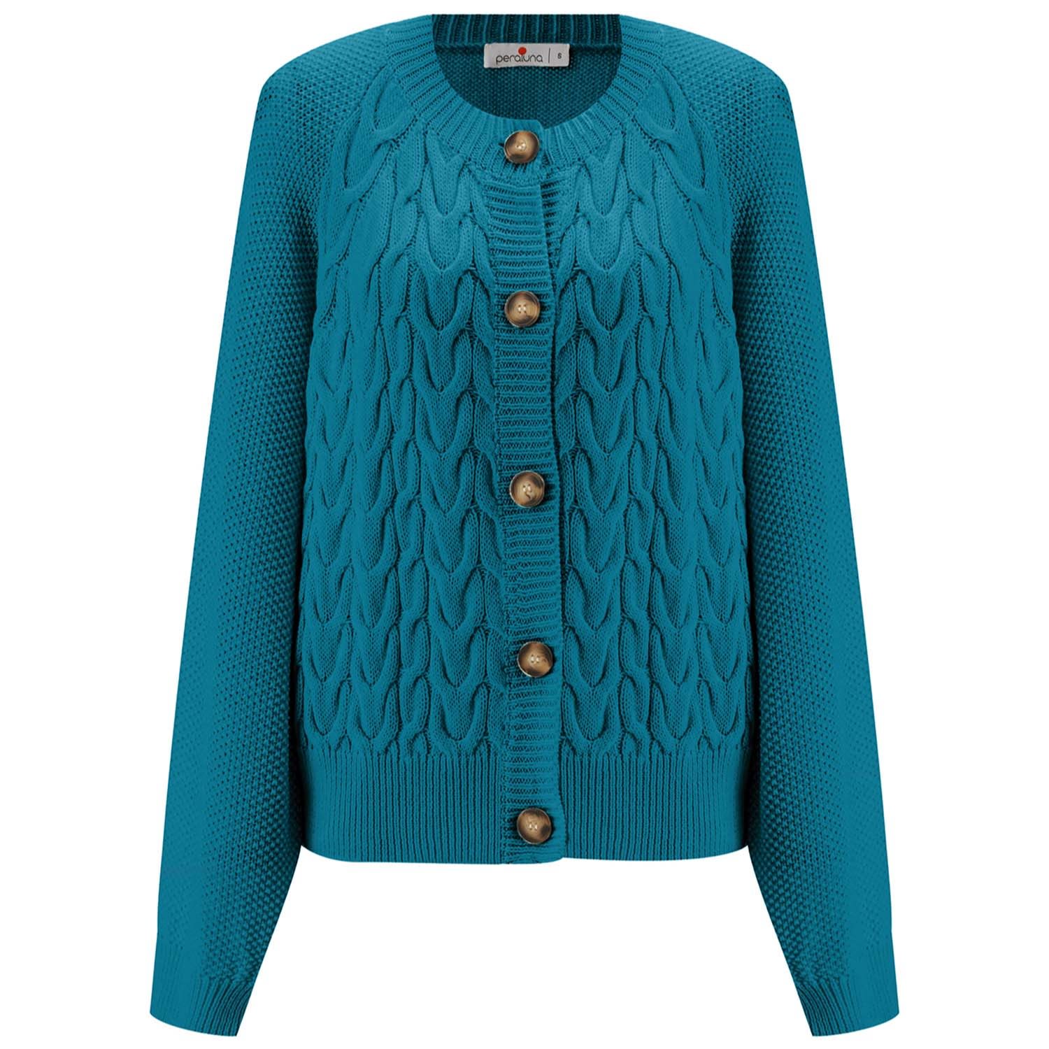 Peraluna Women's Blue May Cardigan Cable Knit Balloon Sleeve In Turquoise In Blue