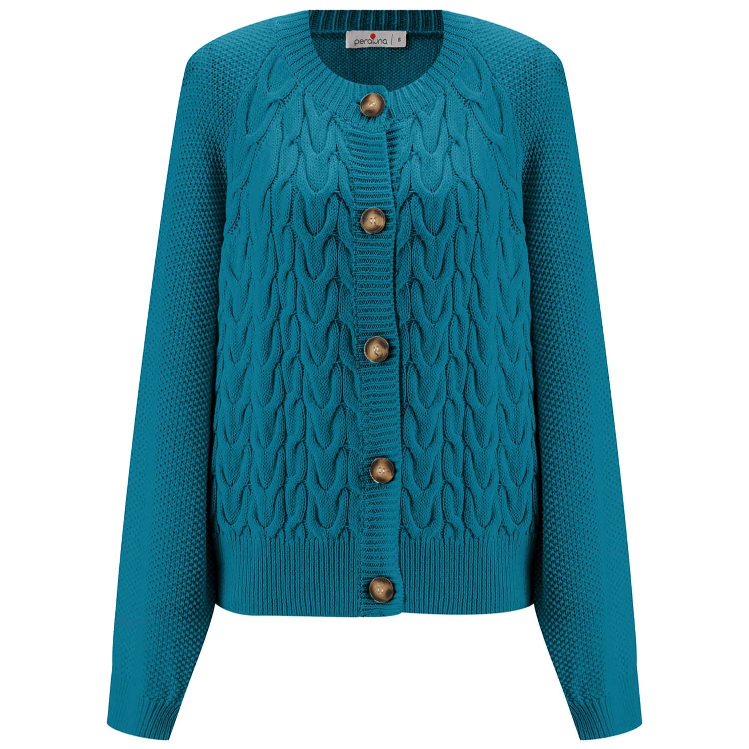 Women’s Blue May Cardigan Cable Knit Balloon Sleeve In Turquoise Small Peraluna