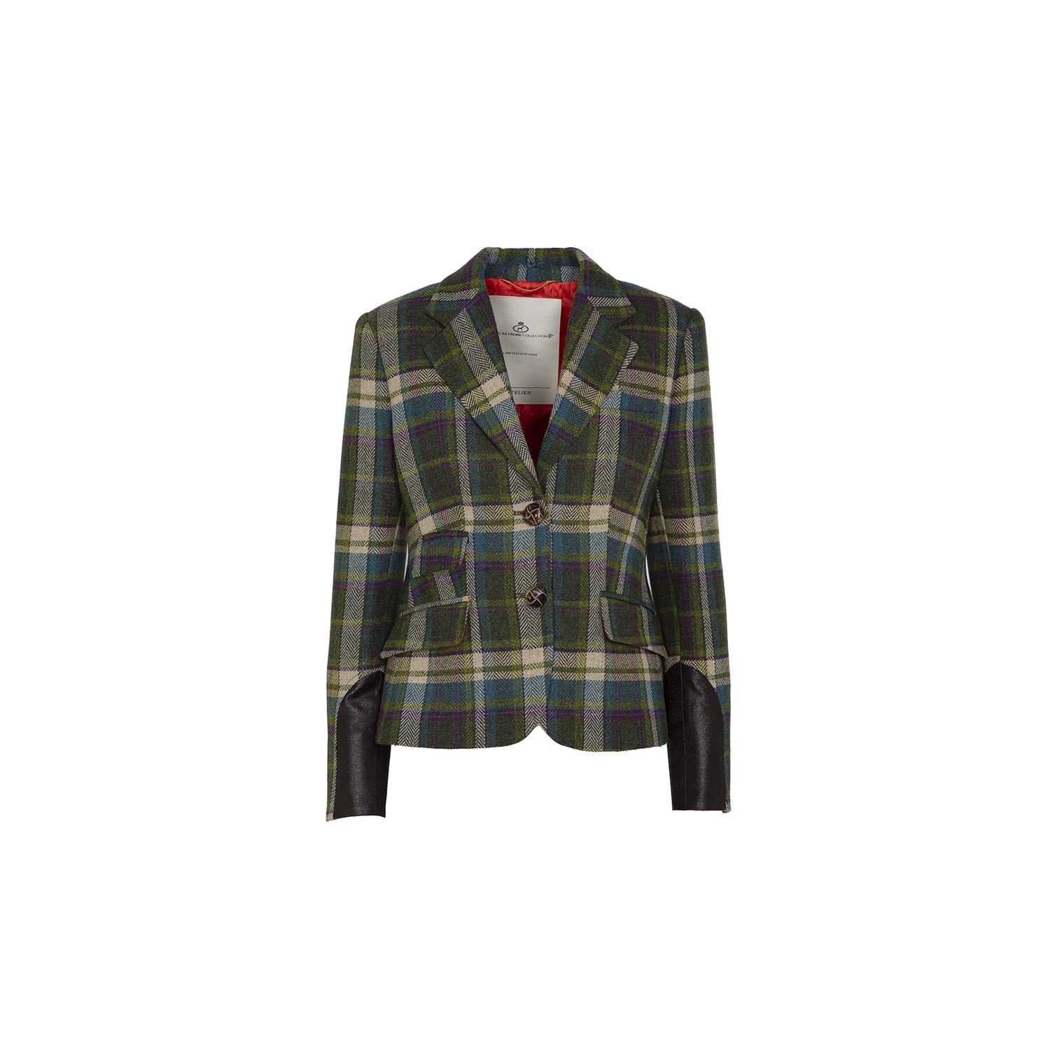 The Extreme Collection Women's Green And Multicolor Plaid Wool Blazer With Leather Accents Vermont In Green
