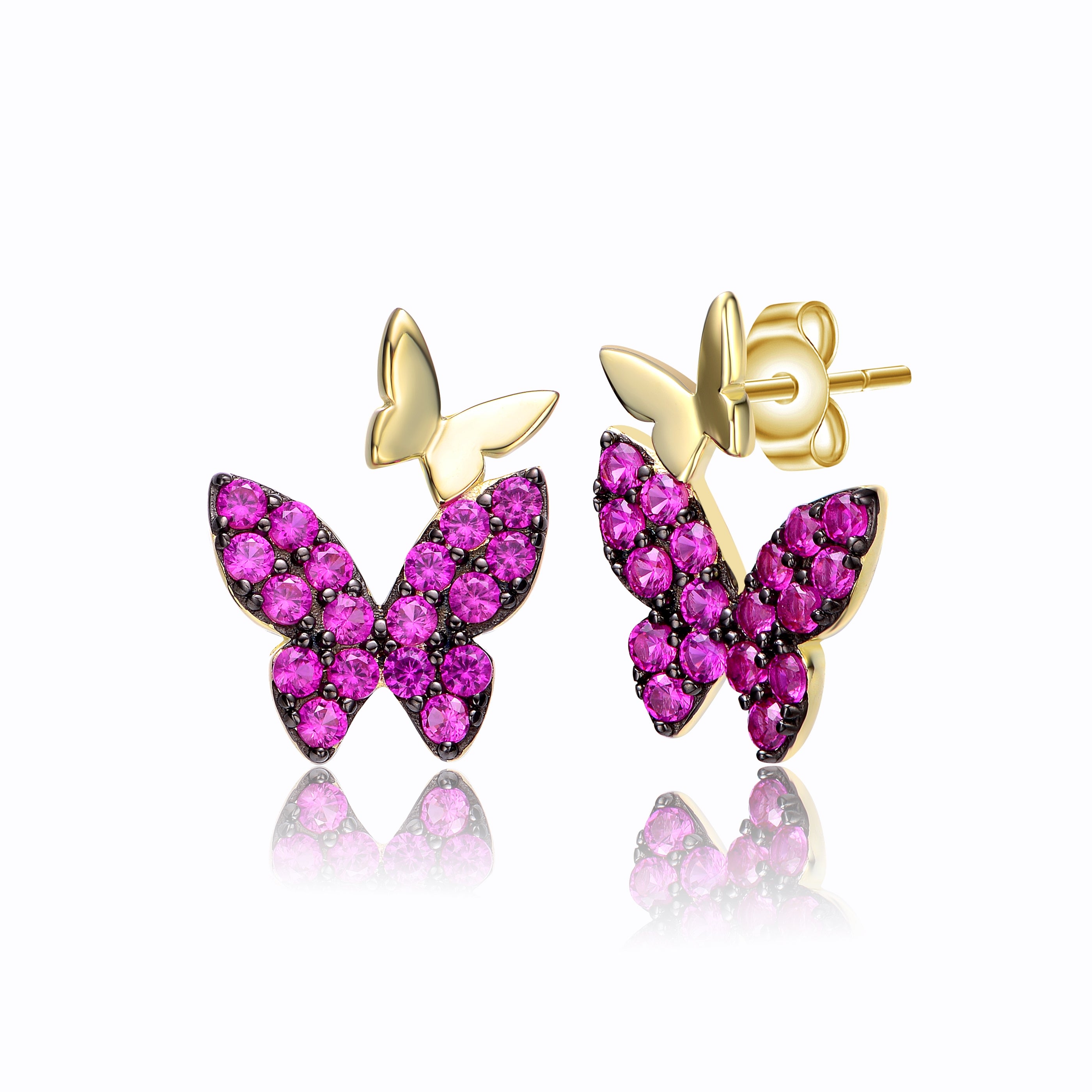 Women’s Pink / Purple / Gold Sterling Silver Yellow Gold Plated With Ruby Cubic Zirconia Double Butterfly Drop Earrings Genevive Jewelry