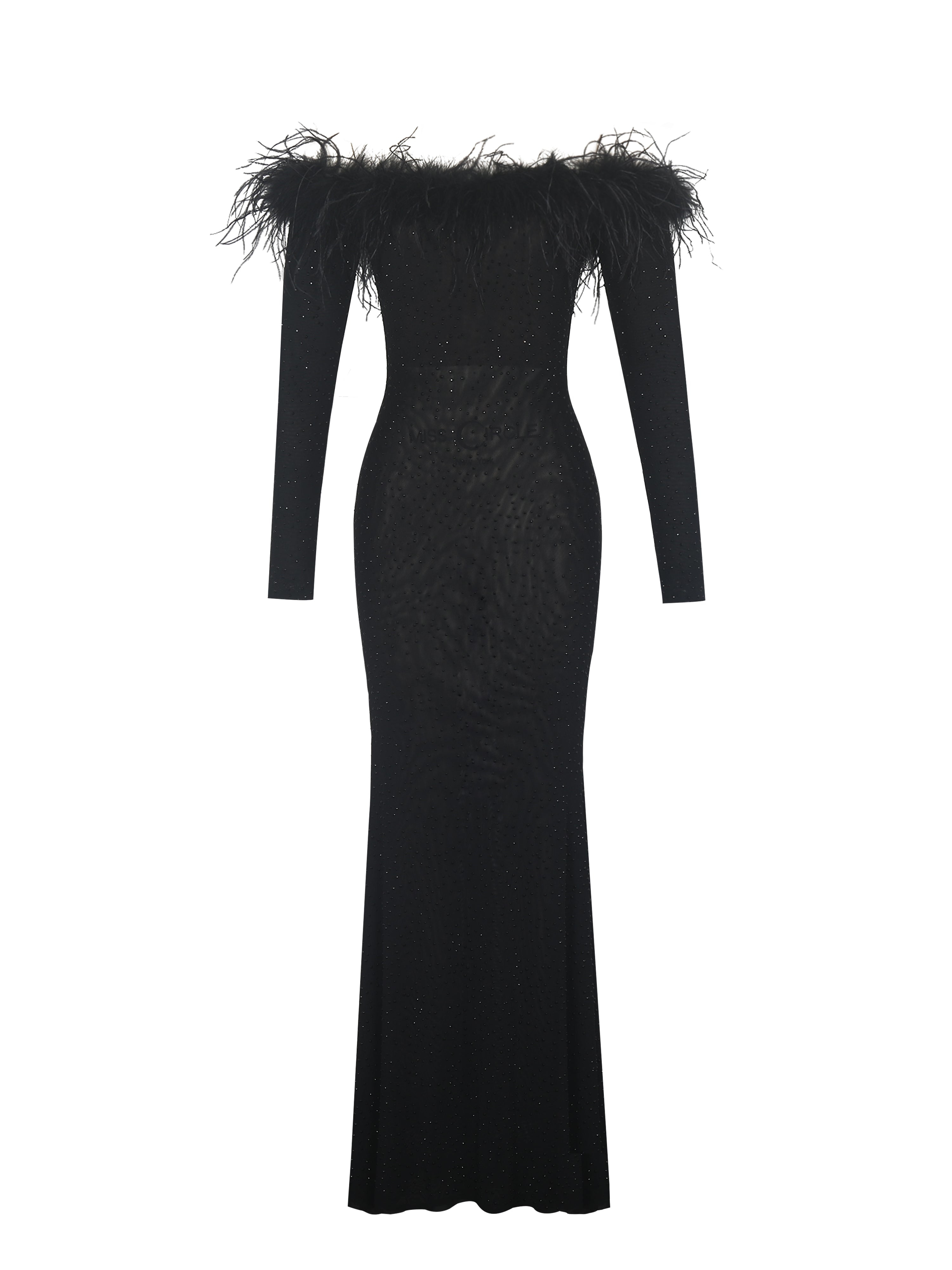 Women's Emberly Black Fur Trimmed Off-Shoulder Rhinestone Mermaid Maxi Dress | Large | Miss Circle New York
