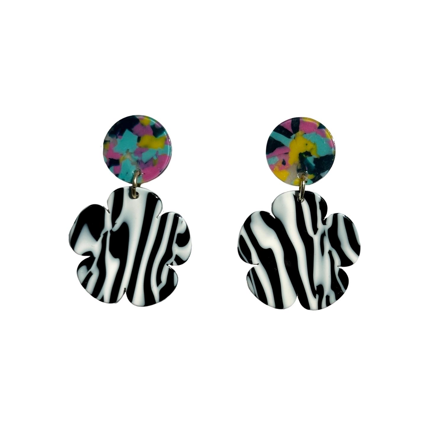 Women’s Black / White Mini Flower Drop Earrings In Black & White With Multicolor Stud Closet Rehab