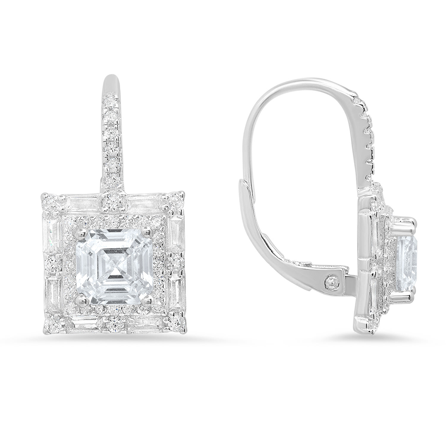 Women’s Asscher Cut Halo Diamond Cz Leverback Earrings In Sterling Silver Kylie Harper