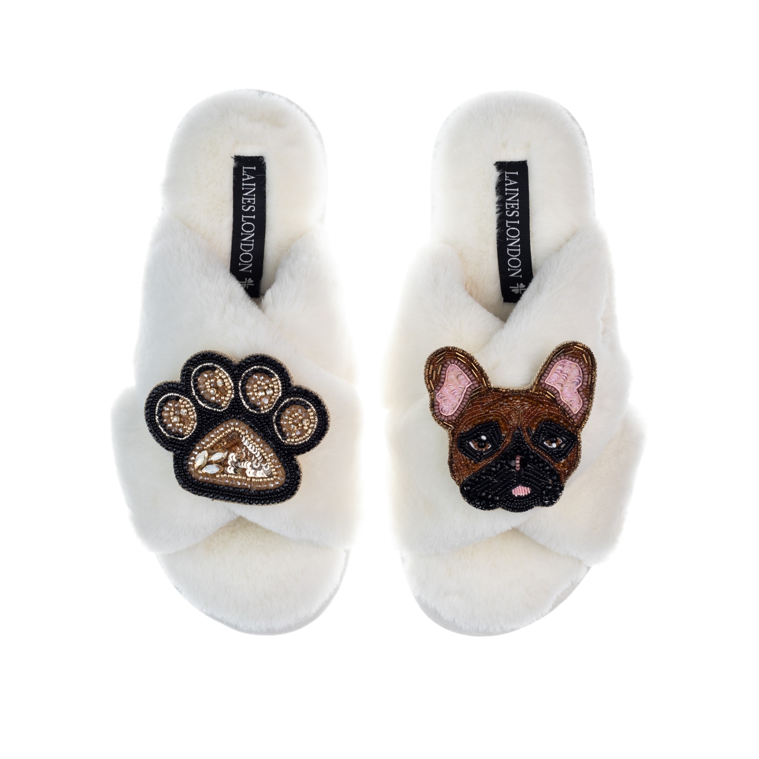Laines London Women's White Classic Laines Slippers With Cookie The Frenchie & Paw Brooches - Cream