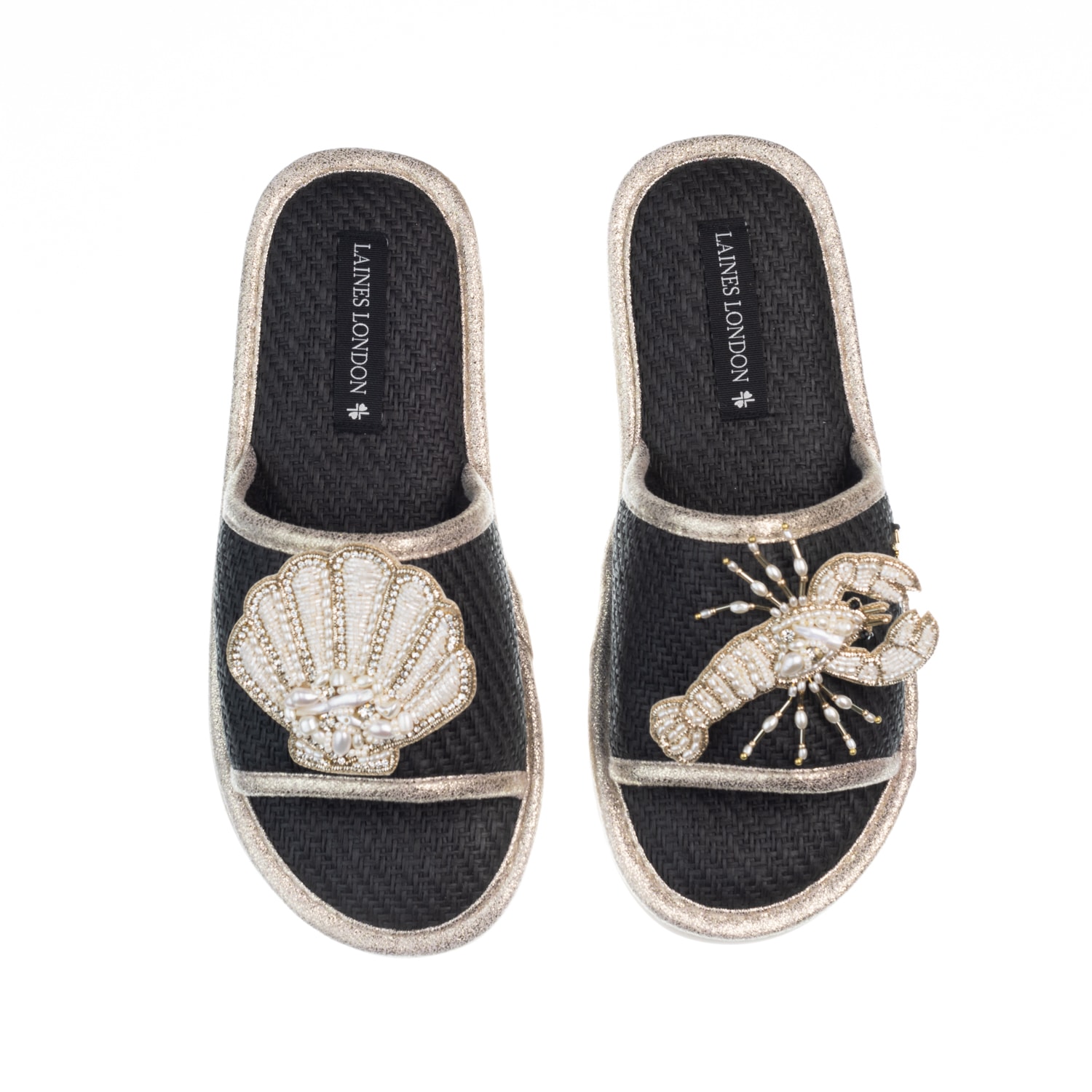 Women’s Straw Braided Sandals With Beaded Shell & Lobster Brooches - Black Small Laines London