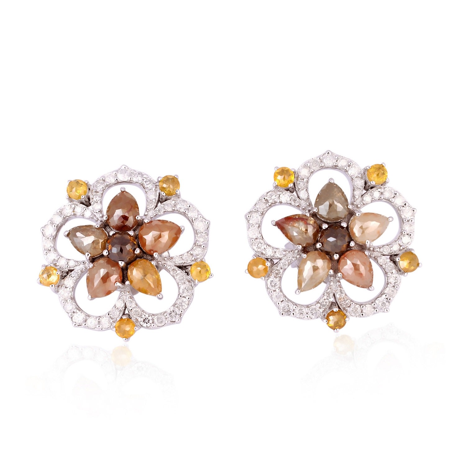 Artisan Women's Brown / White Designer Ice Diamond Flower Stud Earrings In 18k White Gold In White