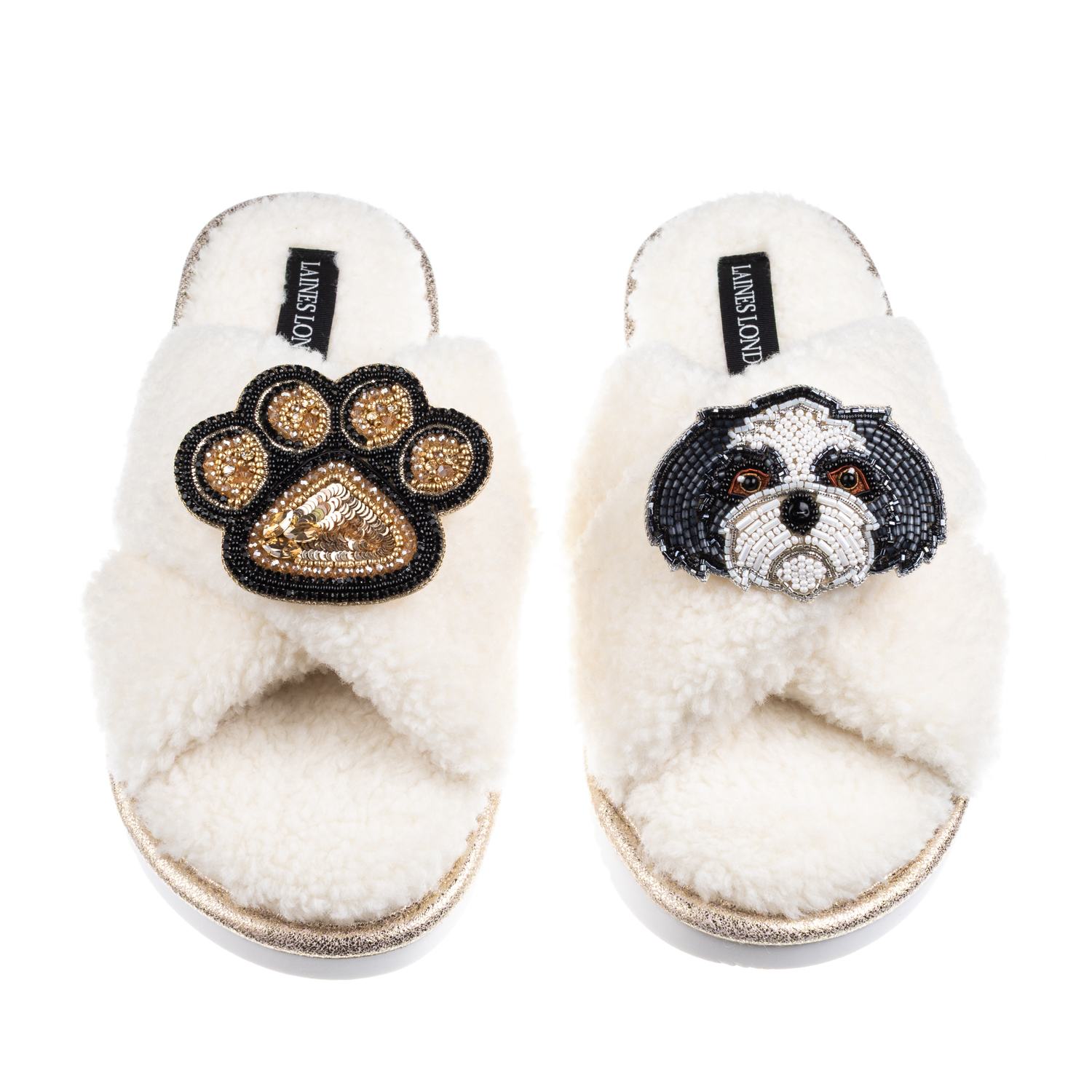 Laines London Women's Neutrals / White Boucle Slippers With Paw & Black & White Shih Tzu Brooches - Cream In White