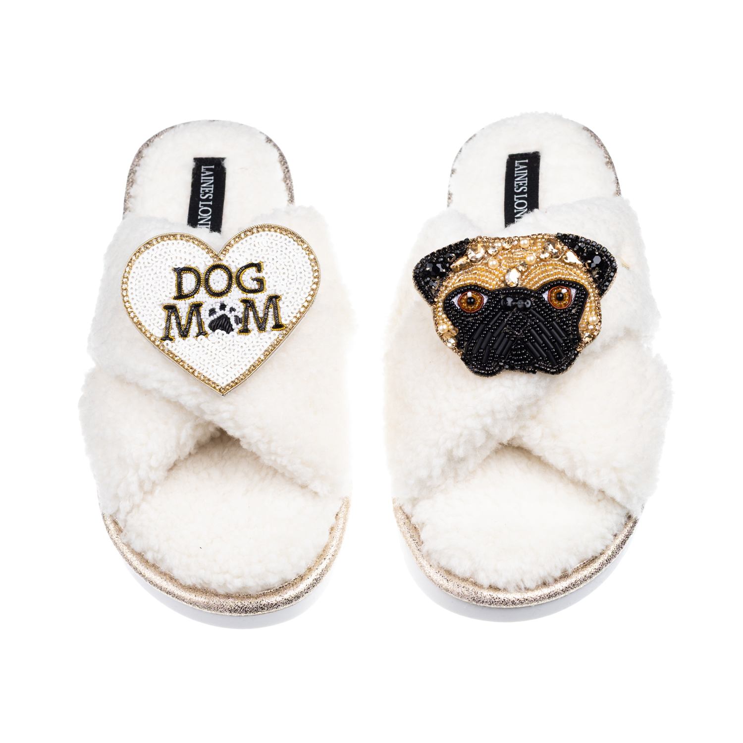 Laines London Women's Neutrals / White Laines Netural Boucle Slippers With Franki Fawn Pug & Dog Mum / Mom Brooche