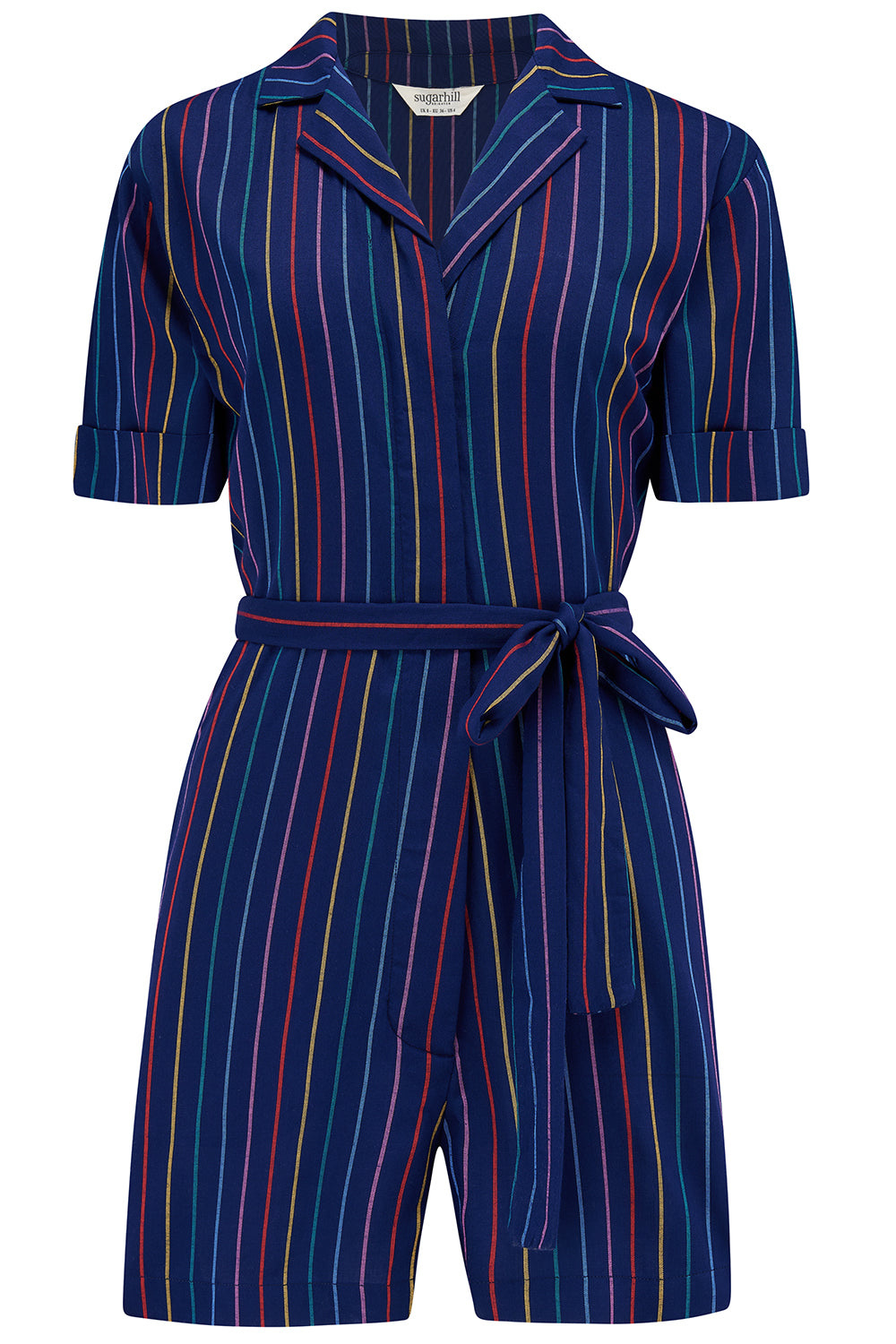 Sugarhill Brighton Women's Blue Kiki Playsuit Navy, Thin Rainbow Stripe