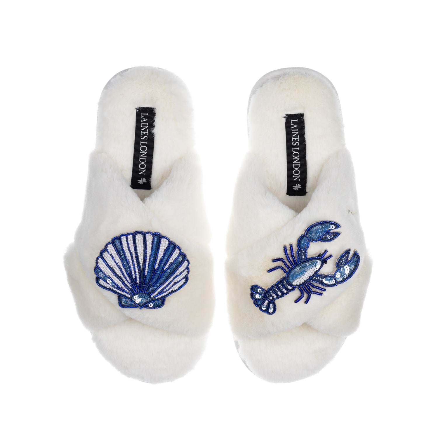 Women's White Classic Laines Slippers With Mediterranean Blue Shell & Lobster Brooches - Cream | Large | Laines London