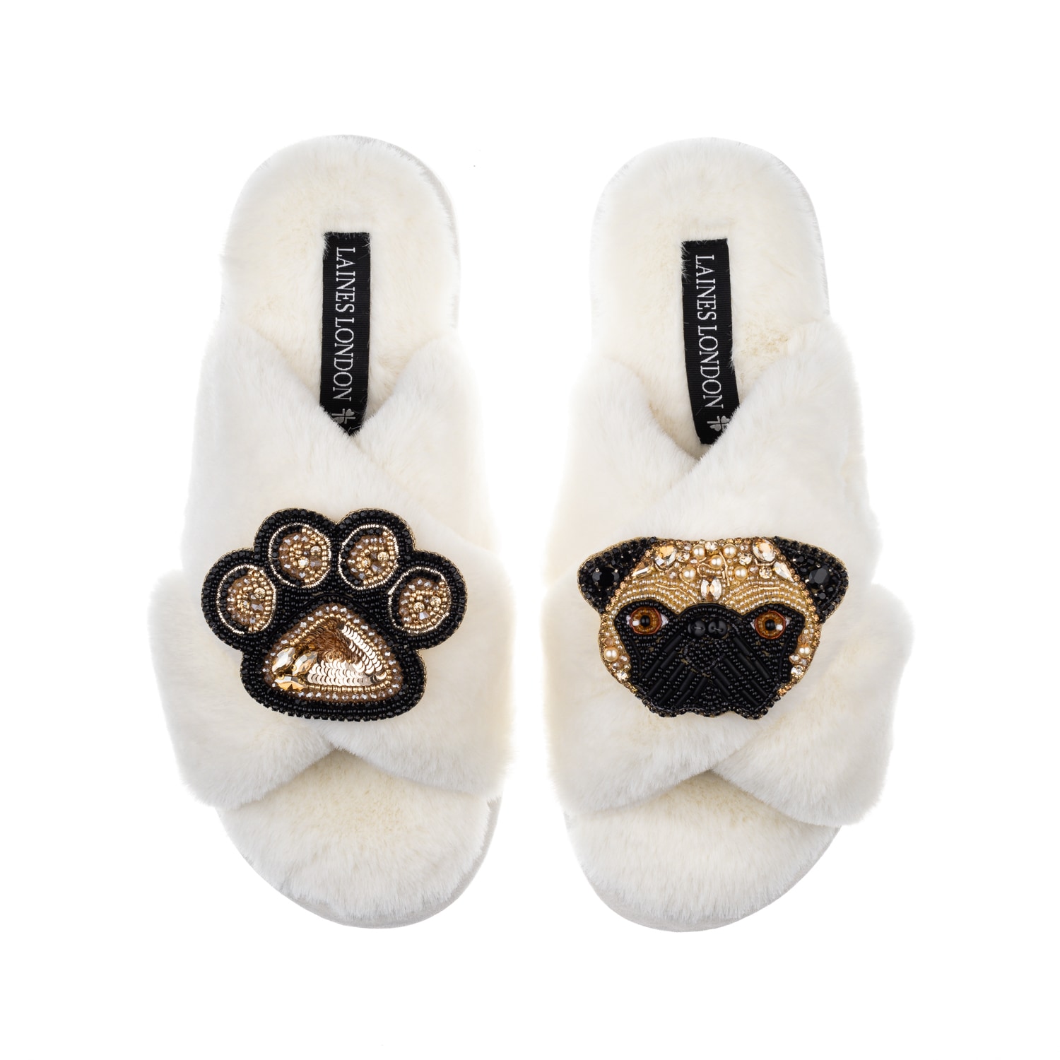 Laines London Women's White Classic Laines Slippers With Franki Pug & Paw Brooches - Cream In White