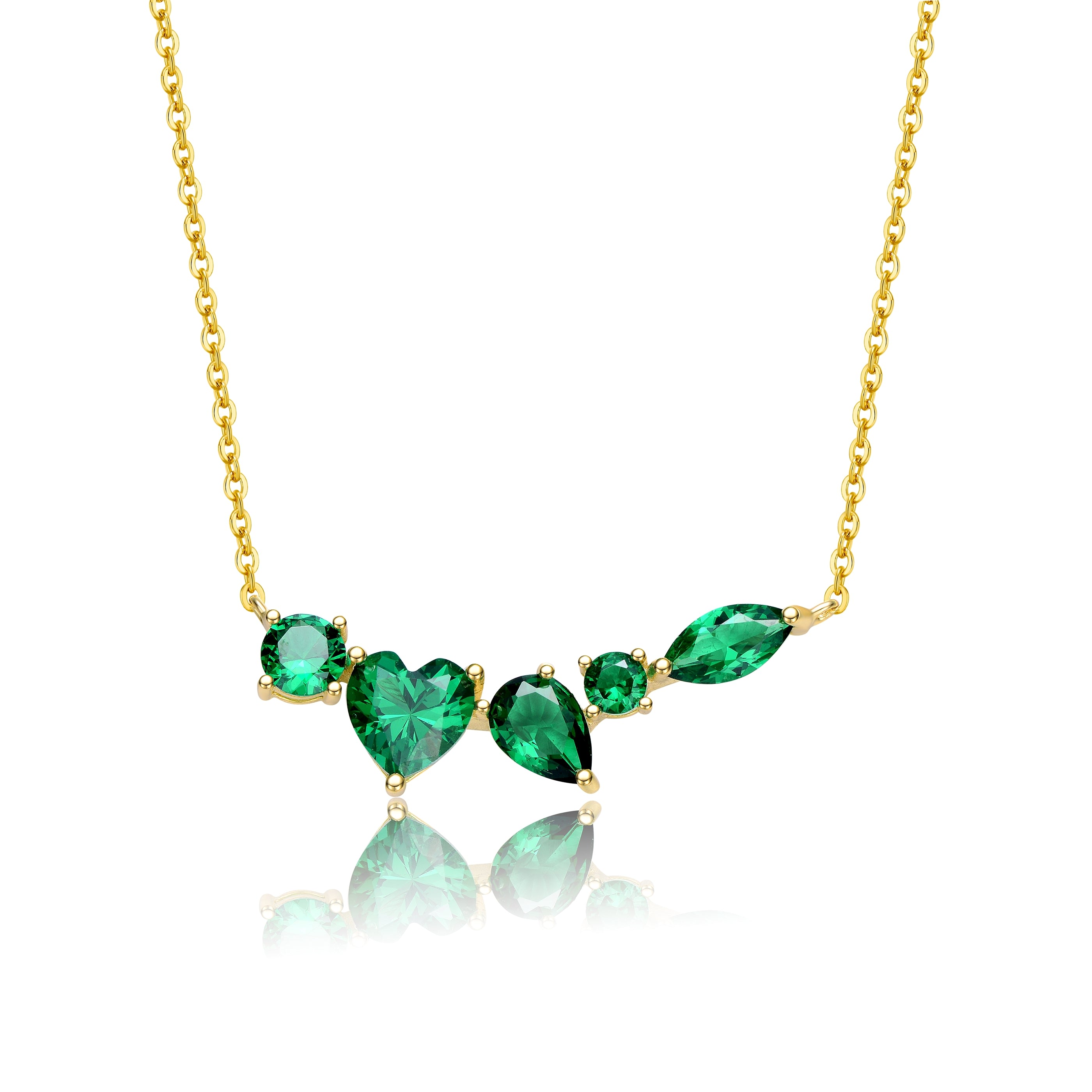Women’s Green / Gold Sterling Silver Yellow Gold Plated Mixed Cut Emerald Cubic Zirconia Cluster Necklace Genevive Jewelry