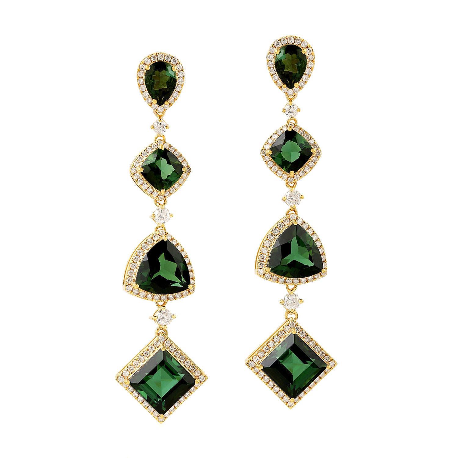 Women’s Green / White 18K Yellow Gold Green Tourmaline Pave Diamond Drop Dangle Earrings Artisan