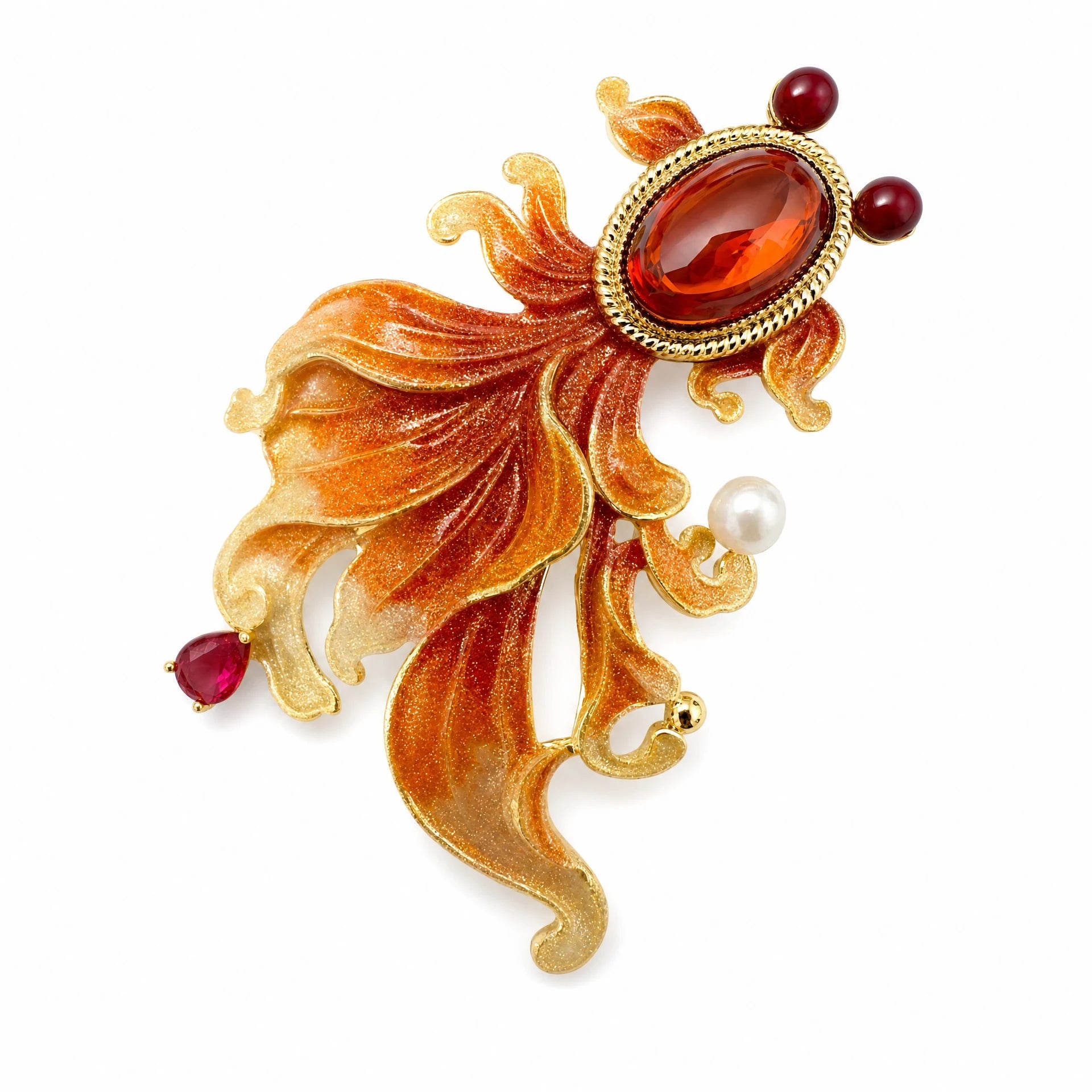 Women's Red Enamel Goldfish Brooch With Crystal & Pearl | Angel Barocco