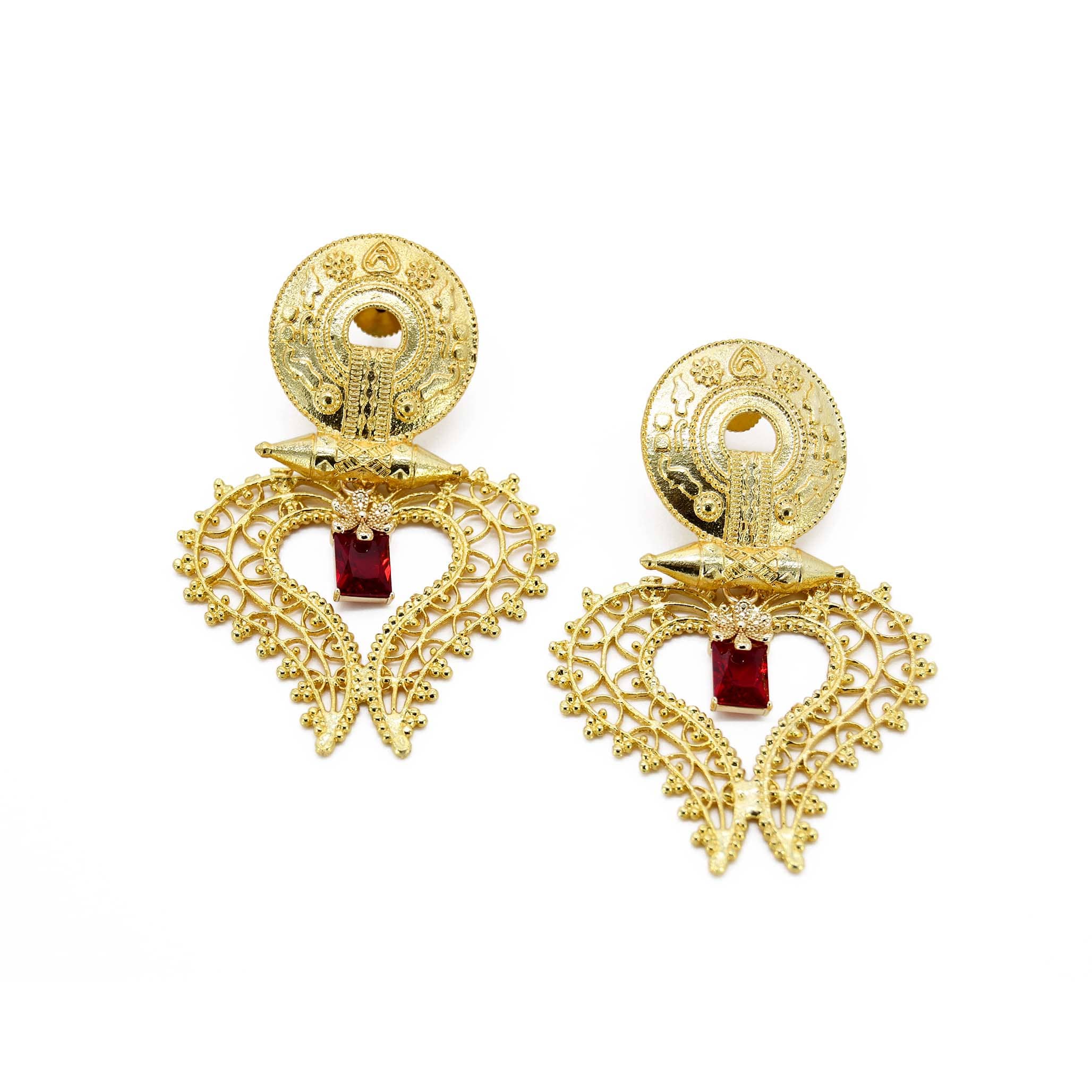 Women’s Gold / Red Ruby Heart Handmade Drop Earring Adiba