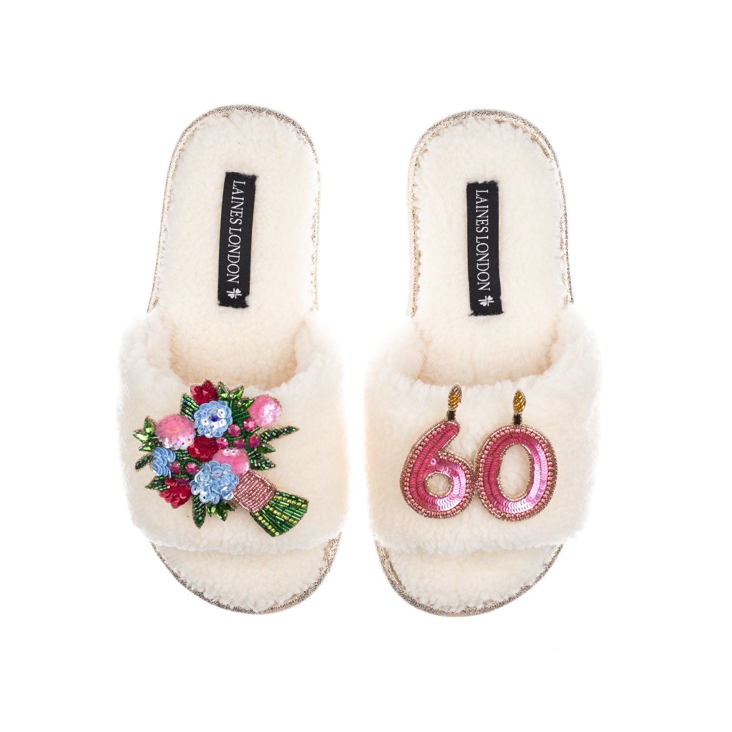 Laines London Women's White Teddy Toweling Slipper Sliders With 60th Birthday & Flowers Brooches - Cream In White