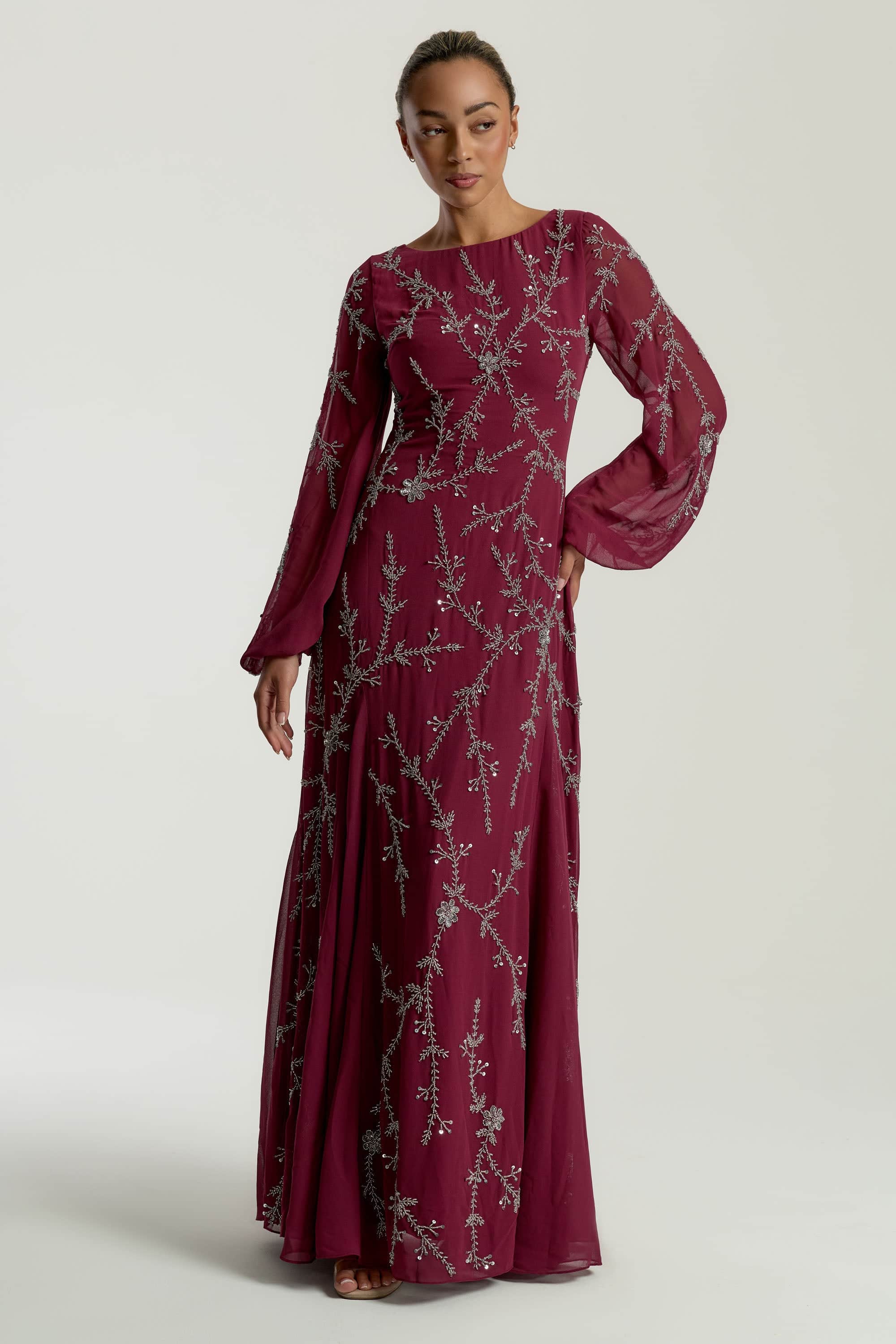 chinese dress ladies Burgundy Sleeveless Sequin Top Tulle Maxi Dress  Aquarius Brand