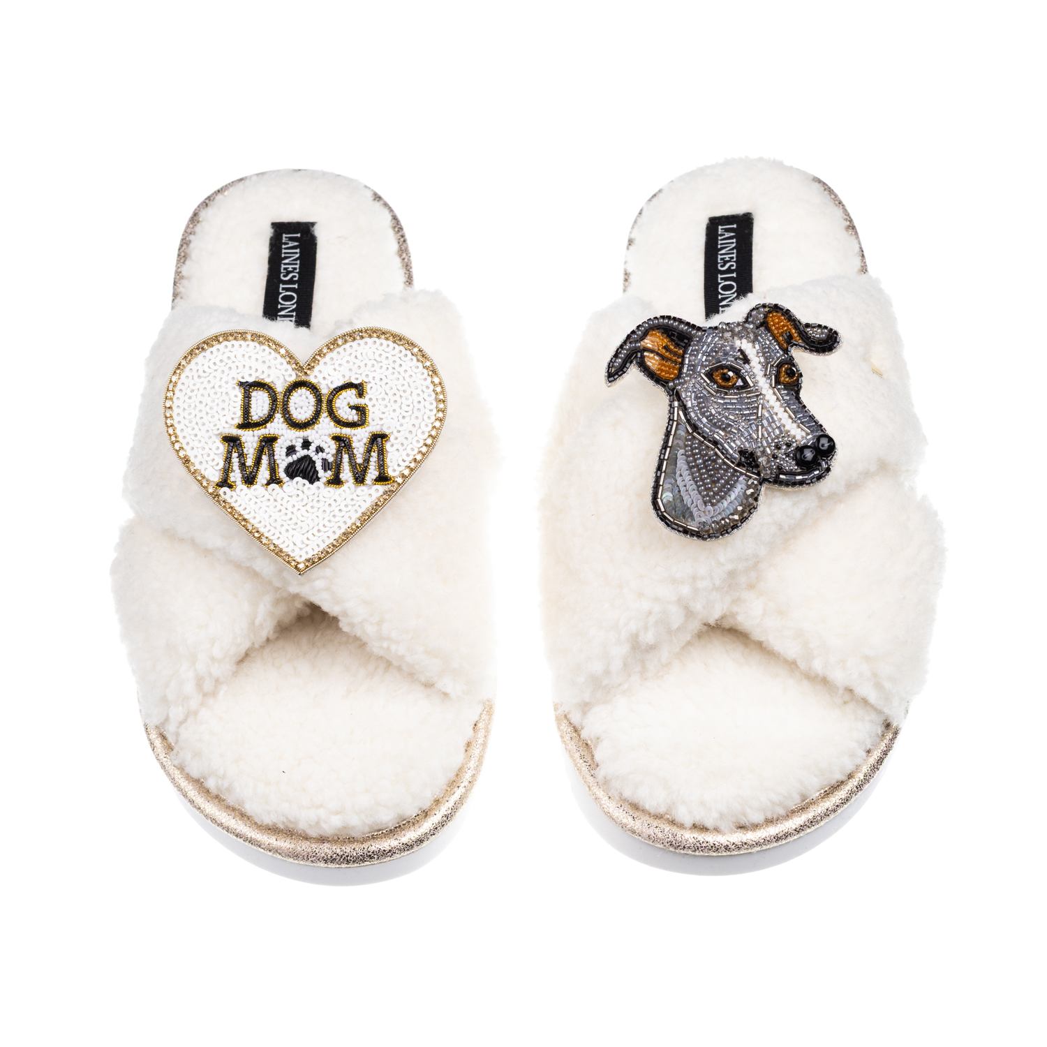 Laines London Women's Neutrals / White Laines Neutral Boucle Slippers With Vinny The Iggy & Dog Mum/mom Brooches -