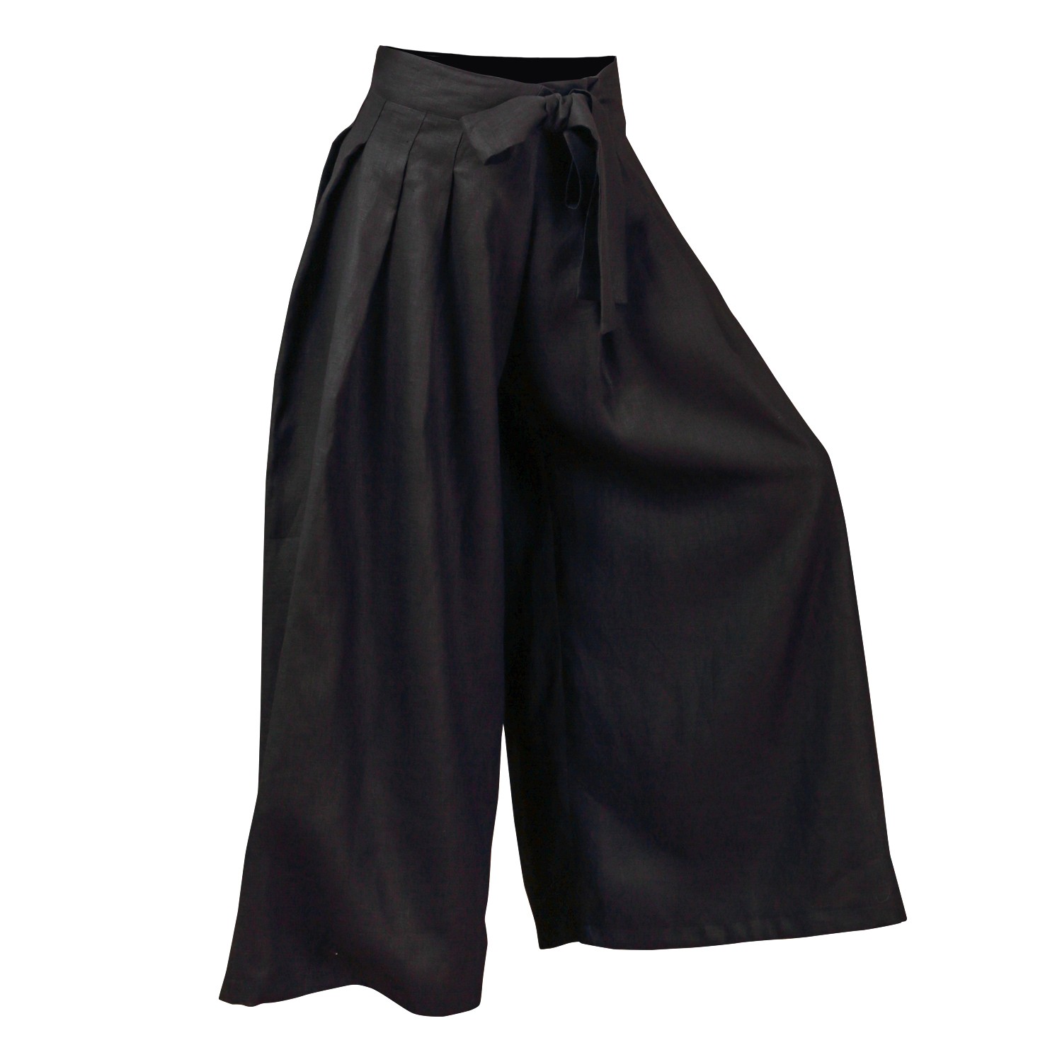 Women’s Wrap Around Wide Leg Linen Pants In Black With Front Tie Small Nikka Place