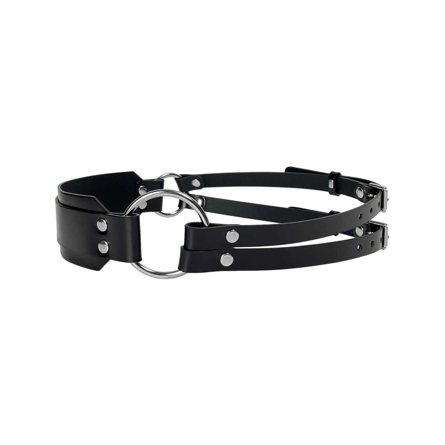 Black Leather Harness Belt with Ring Detail Black Leather Ring Belt Silver Rivets Reversible | Engayla main image 2