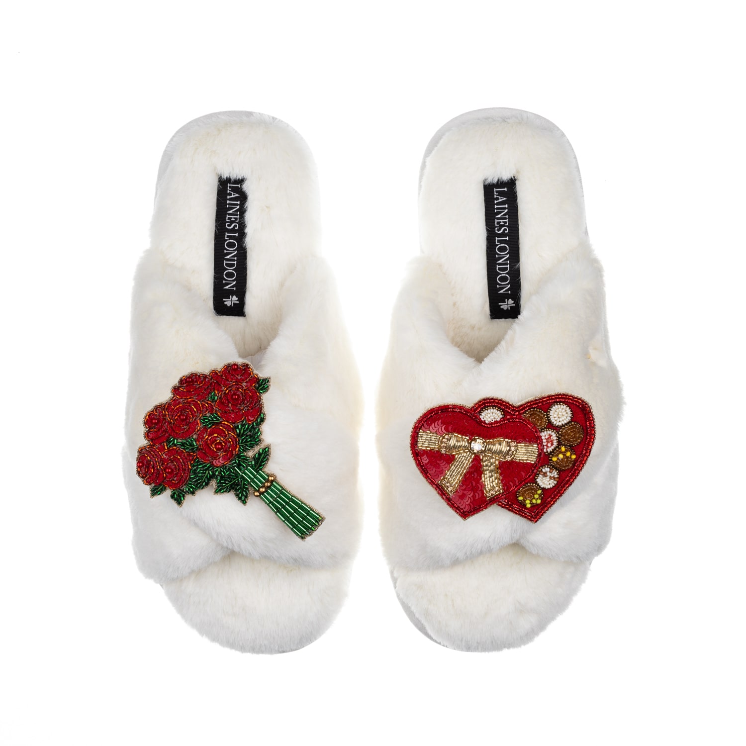 Laines London Women's White Classic Laines Slippers With Valentines Chocolate Box & Roses Brooches - Cream In White
