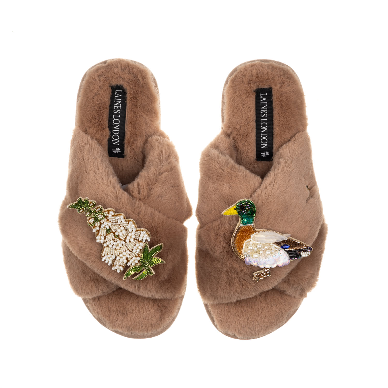 Laines London Women's Brown Classic Laines Slippers With White Foxglove Flowers & Duck Brooches - Toffee In Brown