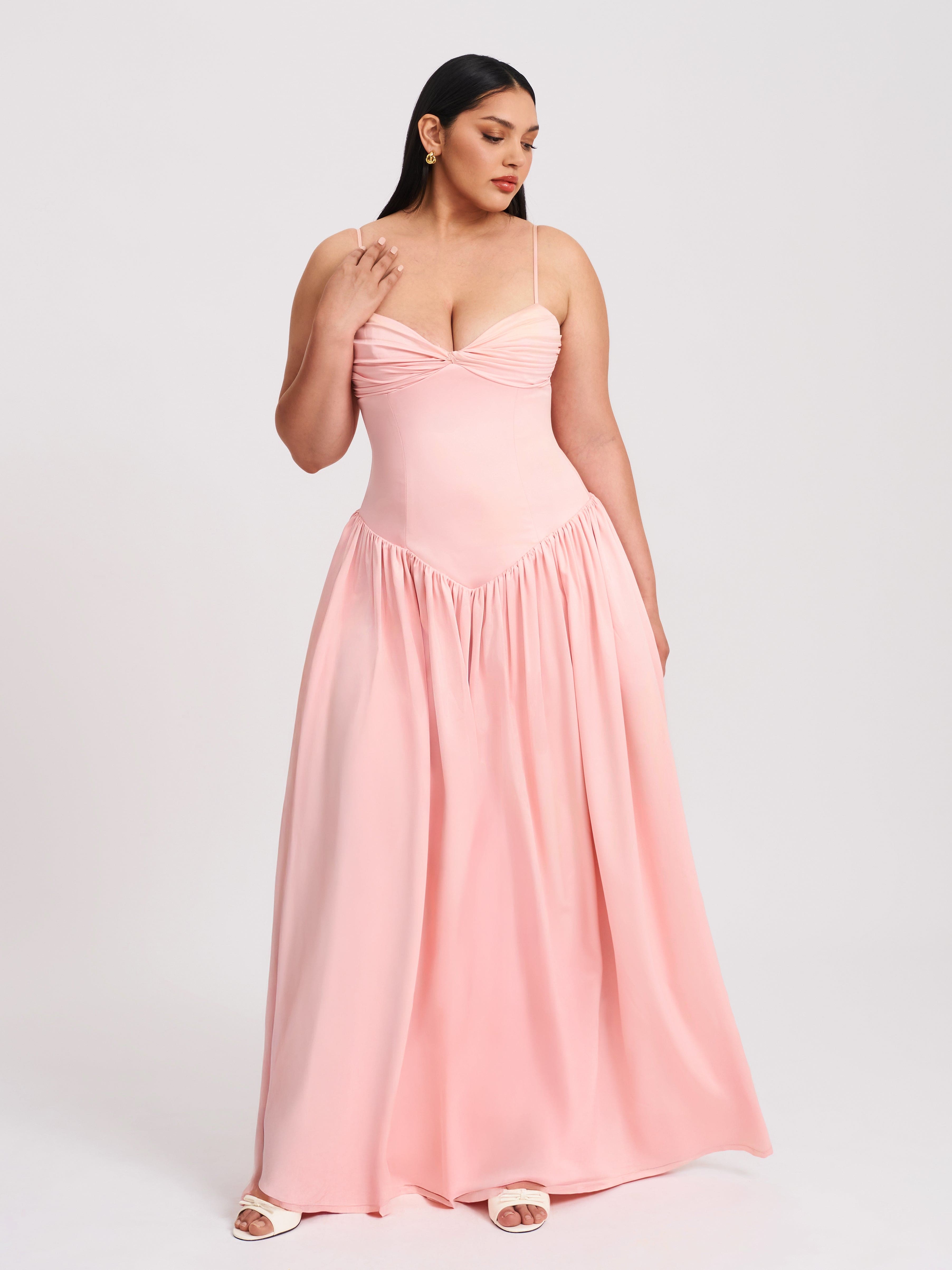 Najwa Baby Pink Ruched Breast Drop Waist Maxi Dress | Miss