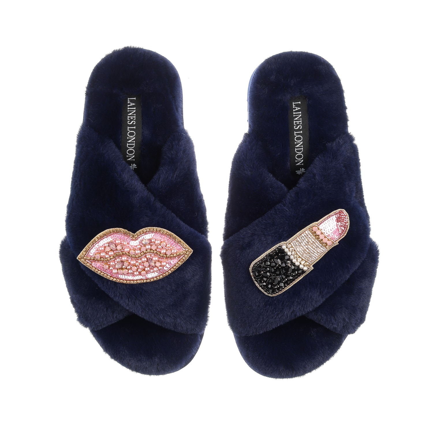 Women’s Blue Classic Laines Slippers With Pink & Gold Pucker Up Brooches - Navy Medium Laines London