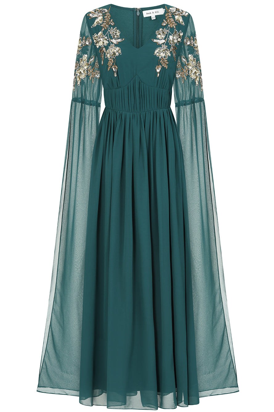 Frock And Frill Women's Verity Green Embellished Cape Sleeve Maxi Dress