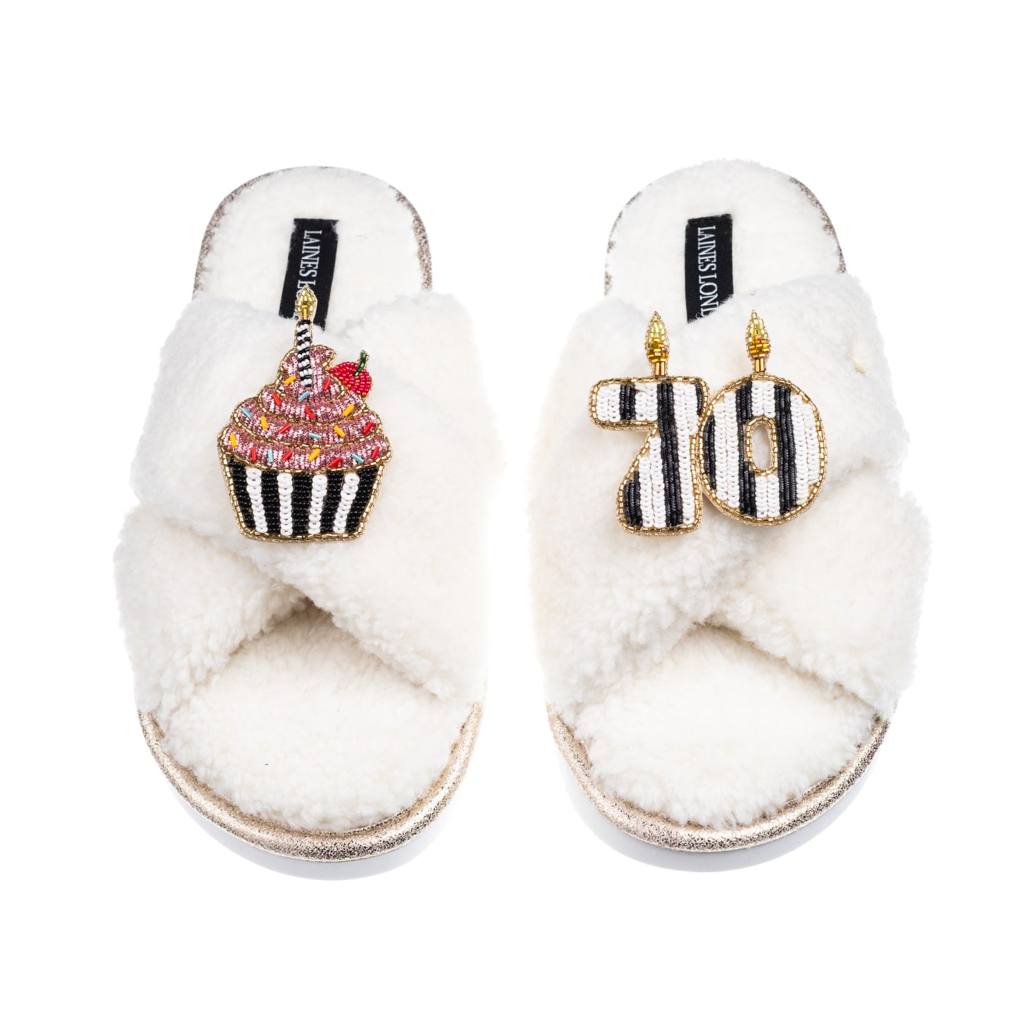 Laines London Women's Neutrals / White Laines Neutral Boucle Slippers With Stripe 70th Birthday & Cake Brooches - 