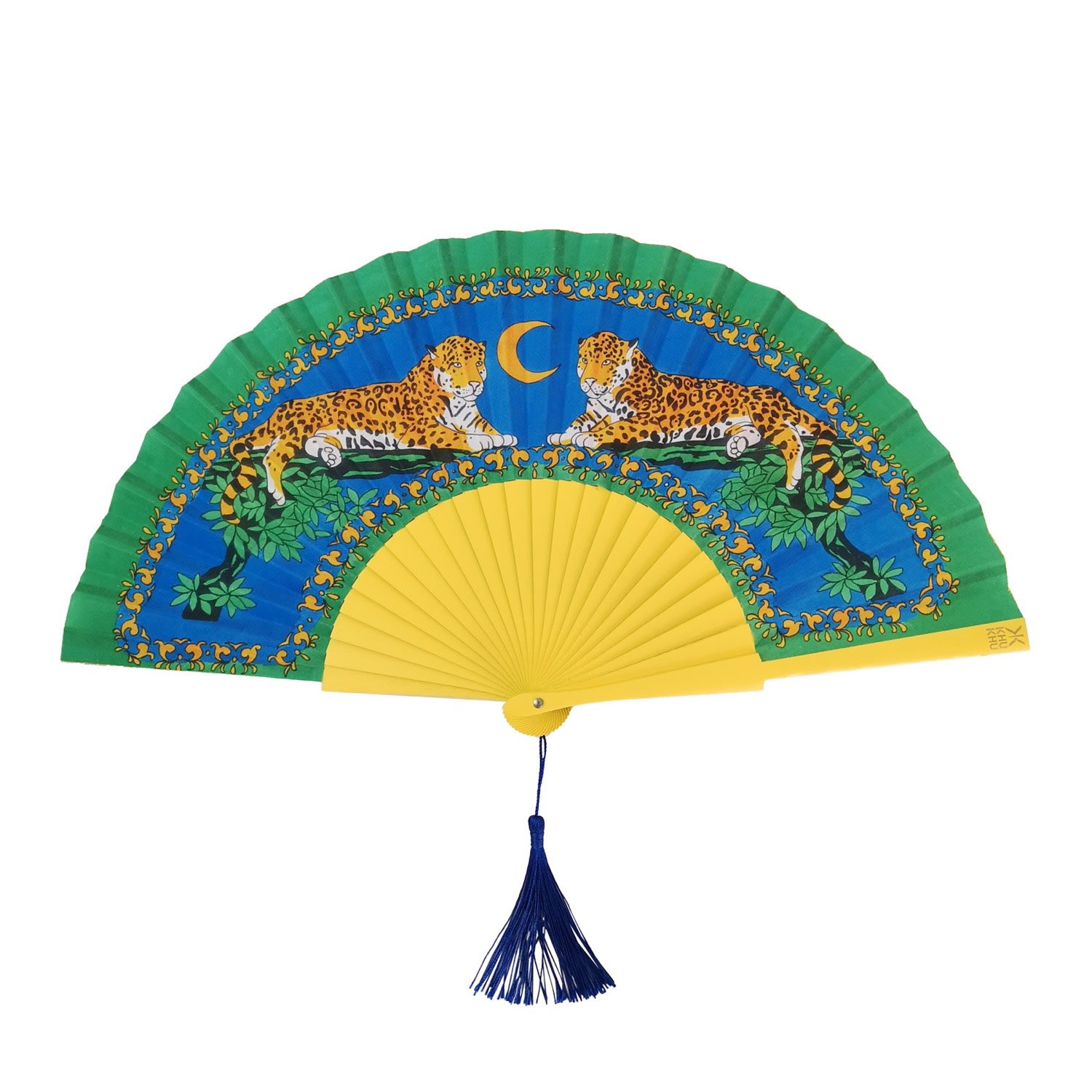 Yellow / Orange / Green Lazy Leopards Hand Fan Khu Khu