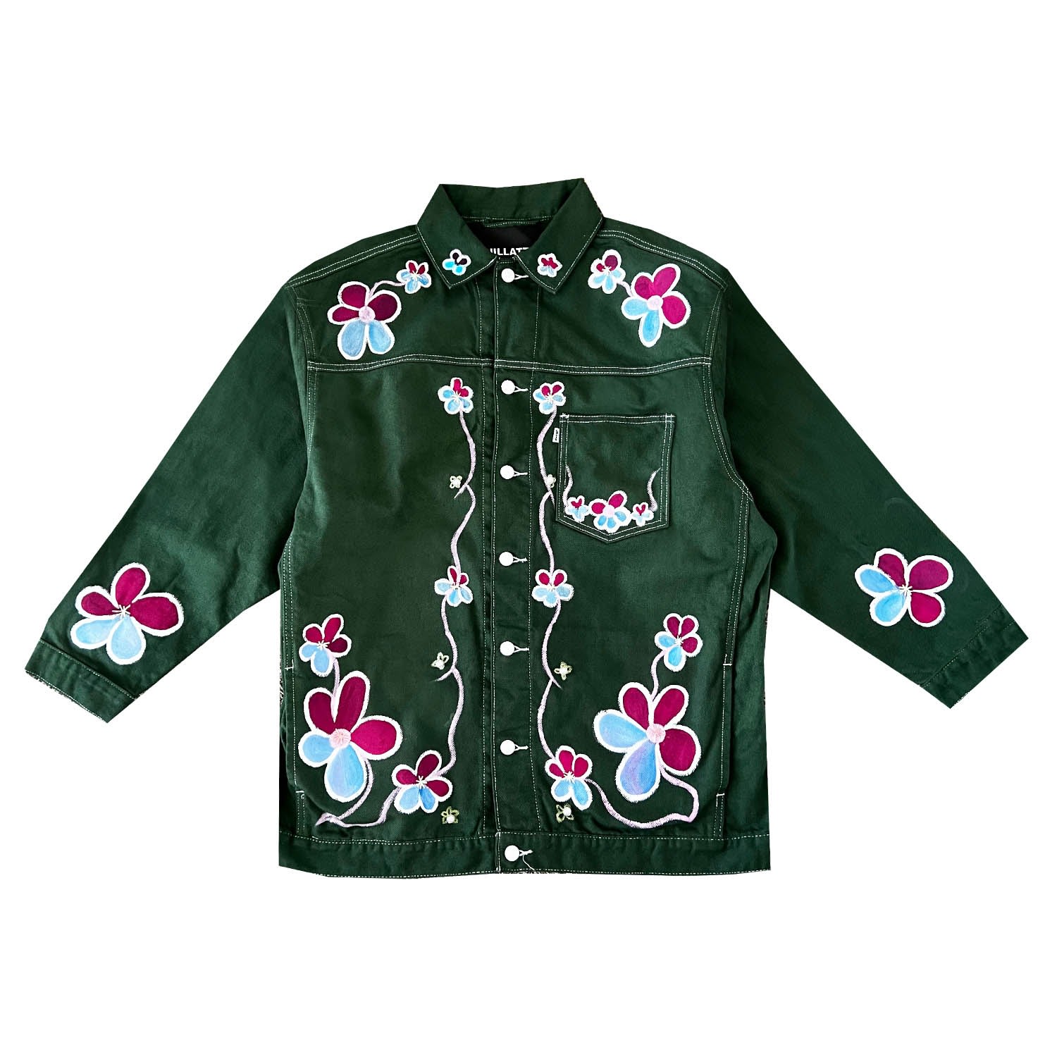 Men’s Green Floral Denim Jacket Large Quillattire