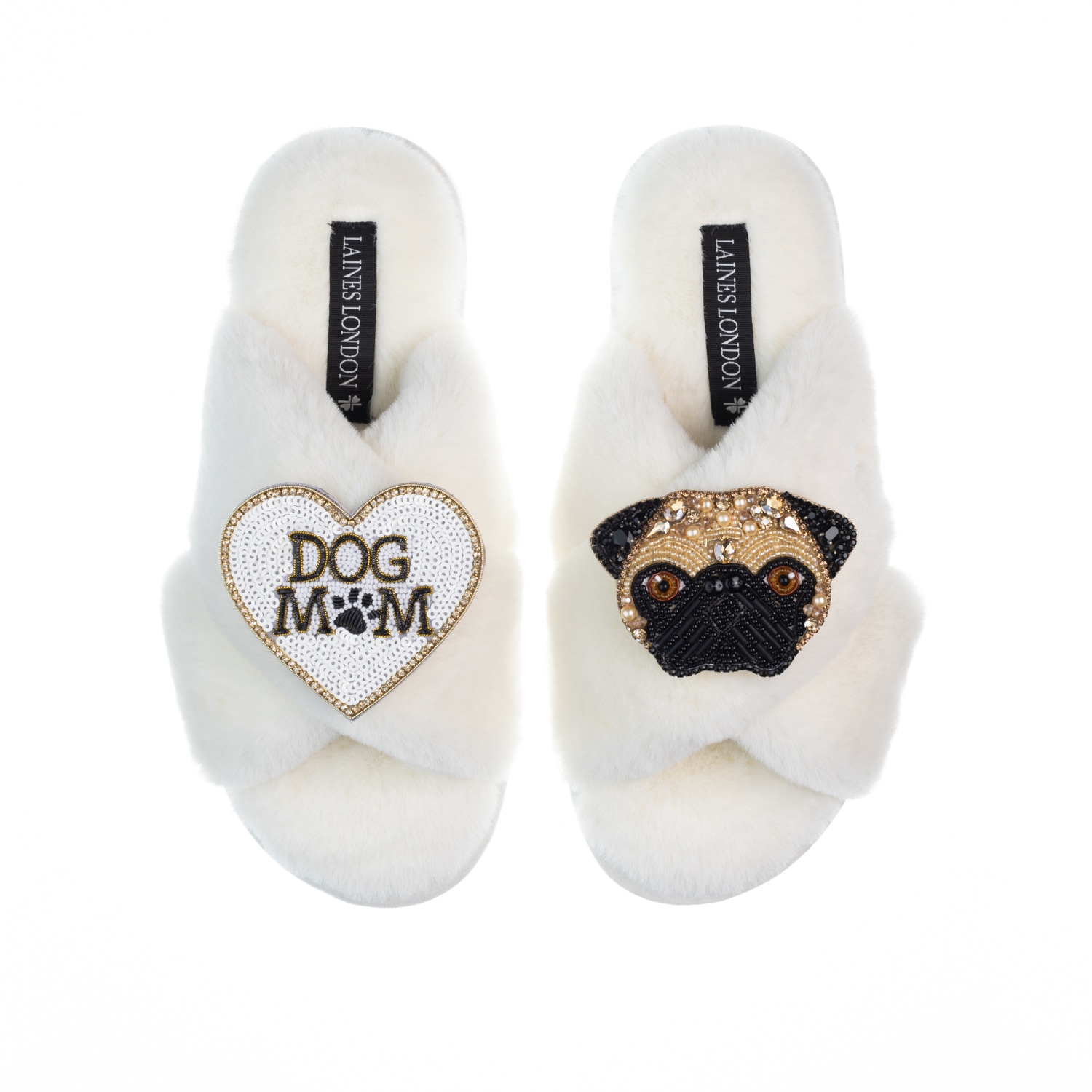 Laines London Women's White Classic Laines Slippers With Franki Pug & Dog Mum / Mom Brooches - Cream In White