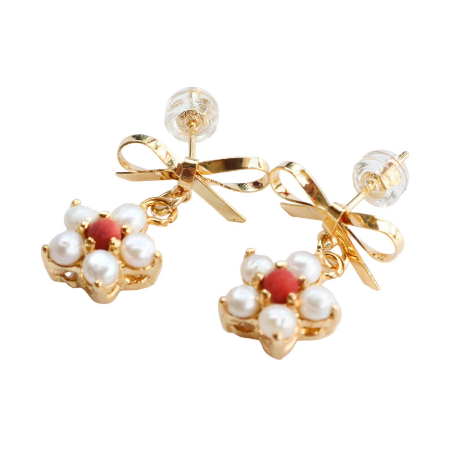 Taylor Reese Women's Gold / White / Red Pearl With Red Coral Poinsettia Bow Earring In Multi