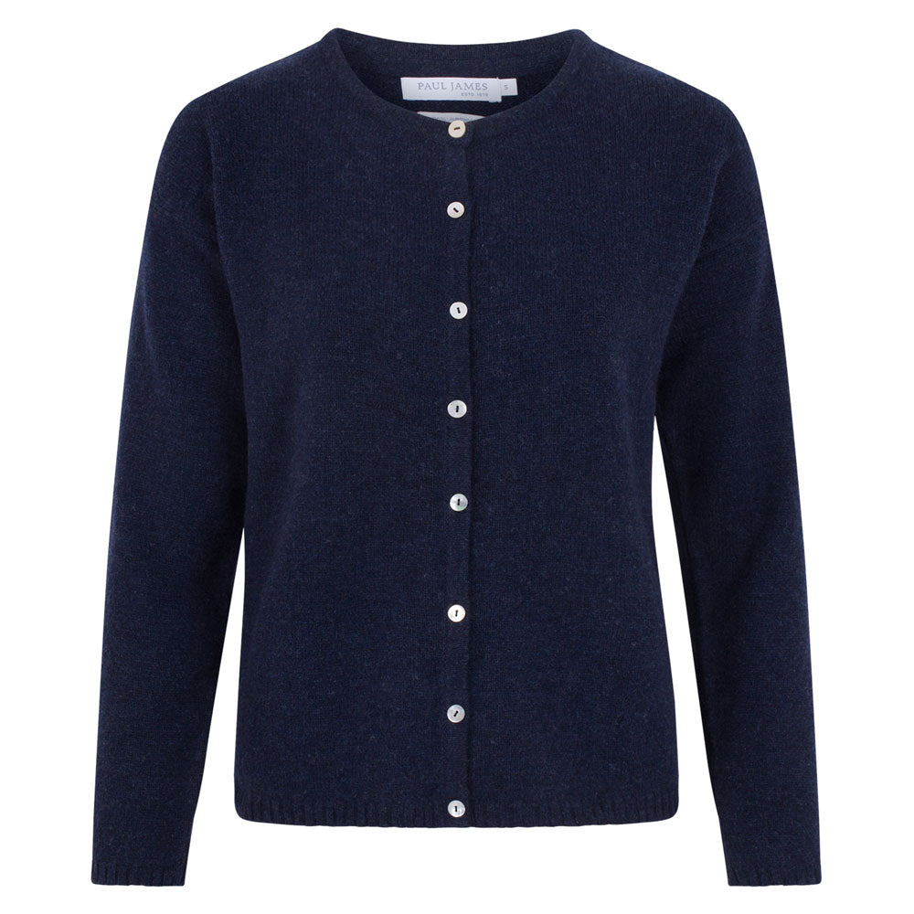 Womens Midweight 100% Lambswool Crew Neck Leona Cardigan - Oxford Blue Small Paul James Knitwear